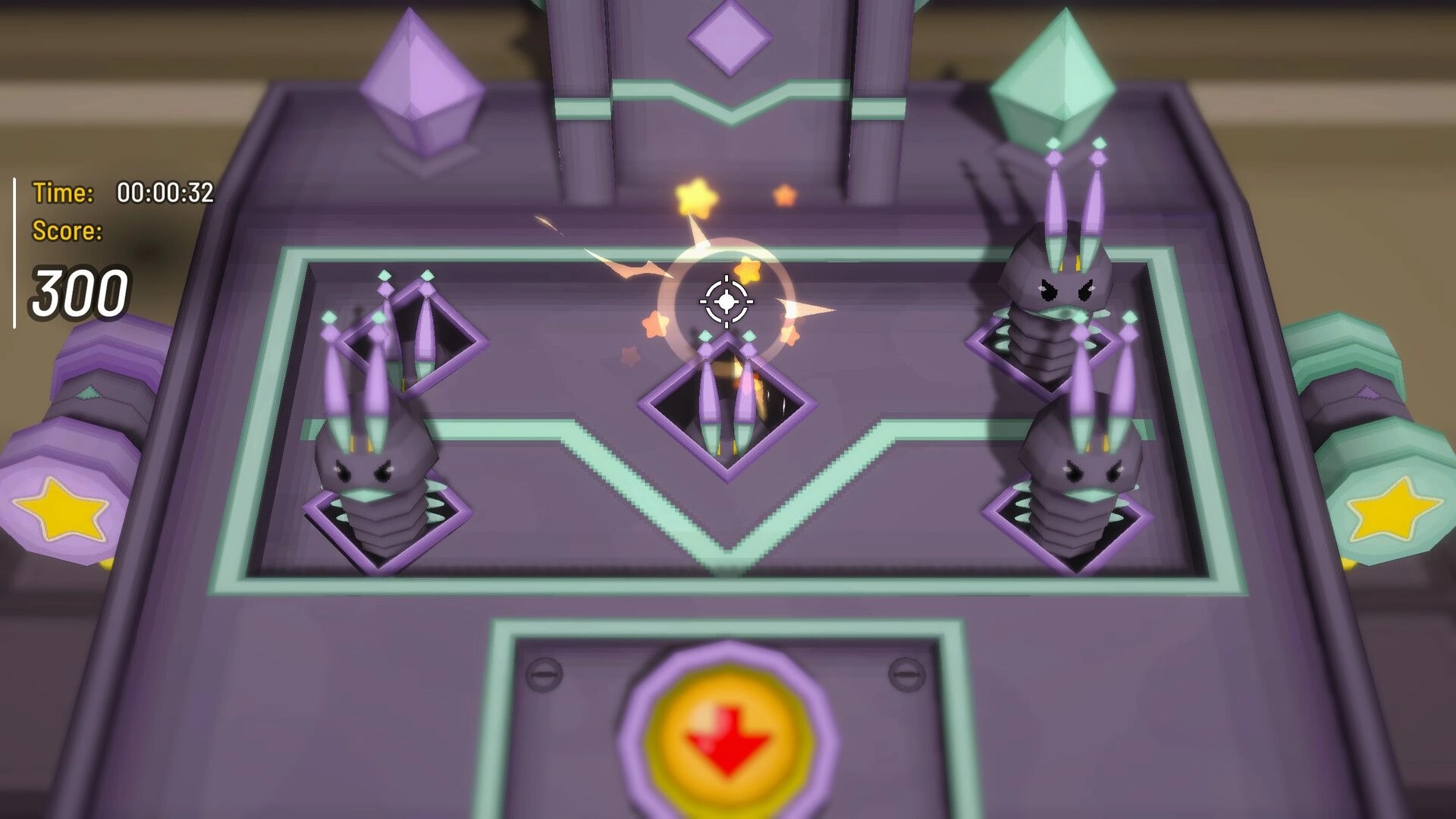 LumenTale: Target reticle over crystal pegs with score and timer UI on a neon pinball board.
