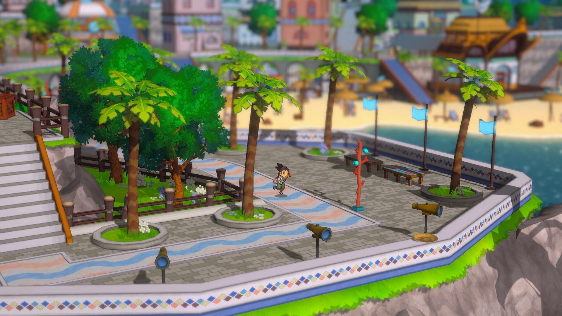 LumenTale: Player character walks along tiled promenade with palm trees, benches, and beach below.