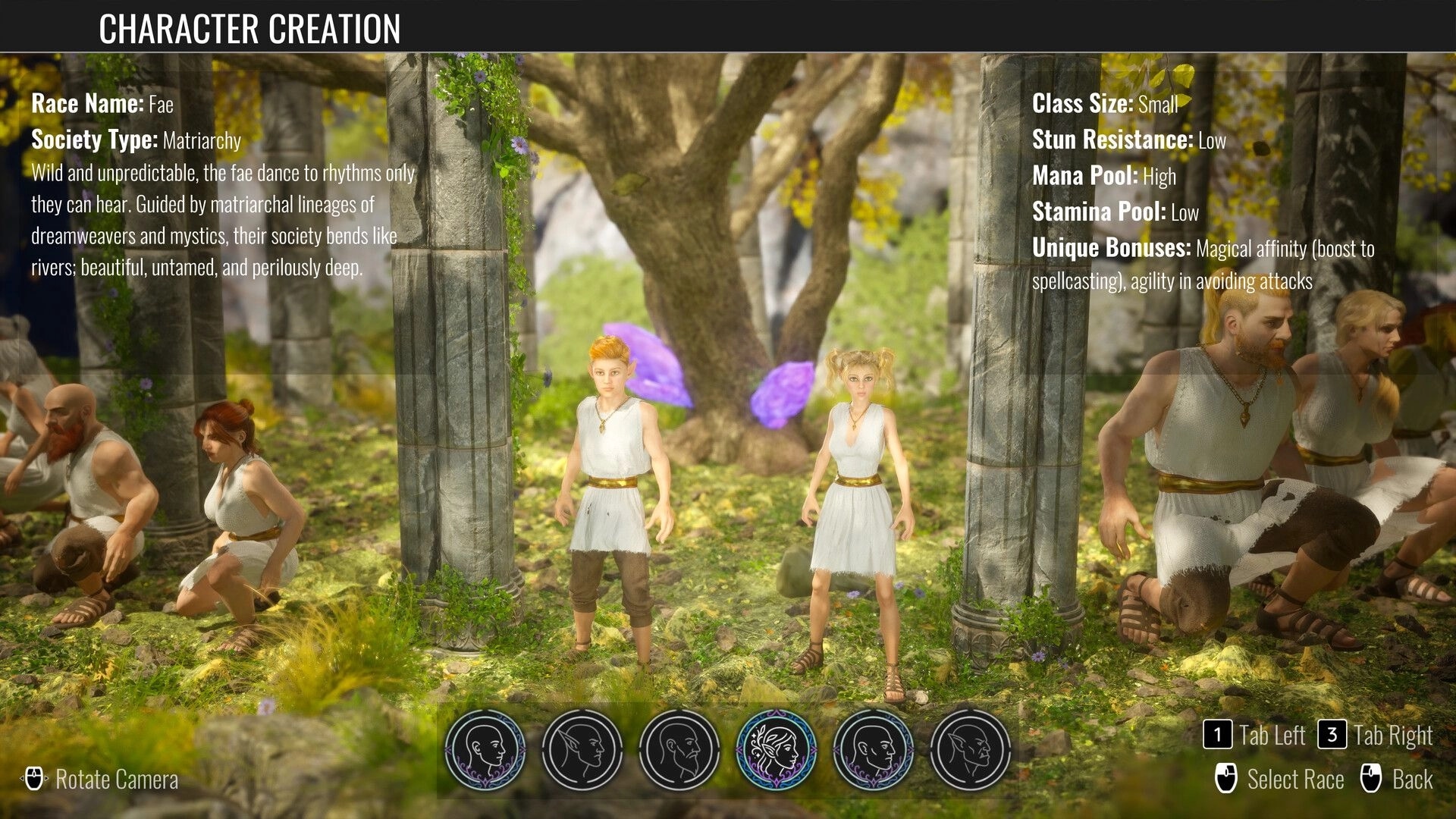 Luminary: Character creation race selection for Fae with stats panels in a sunlit forest ruin scene.