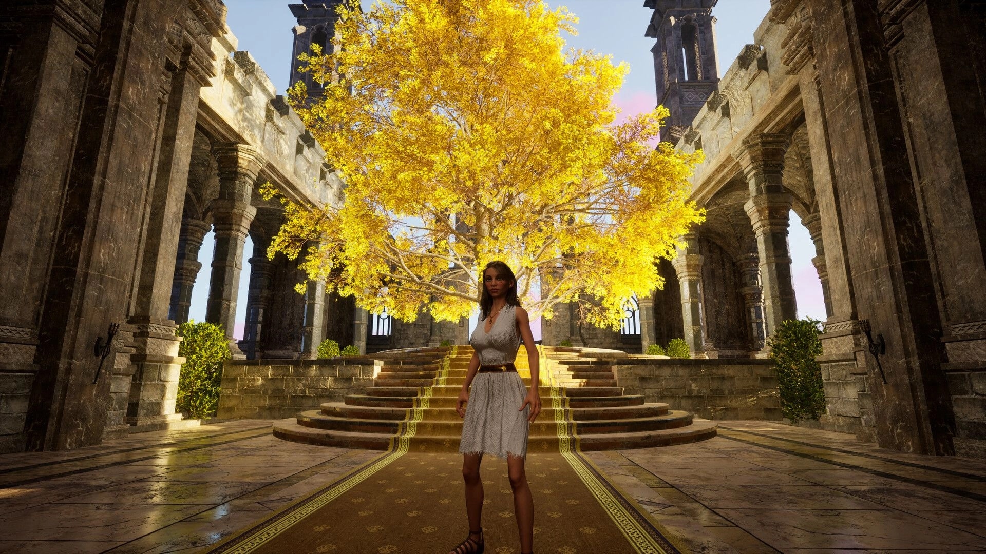 Luminary: Female adventurer stands before a glowing golden tree in a ruined stone courtyard hall.