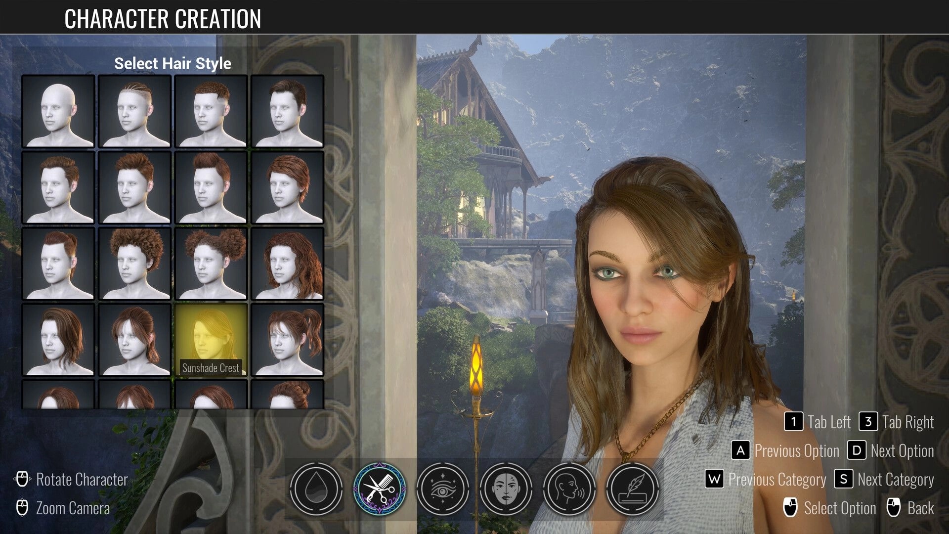 Luminary: Character creation hair style selection grid with female face preview in mountain village backdrop.