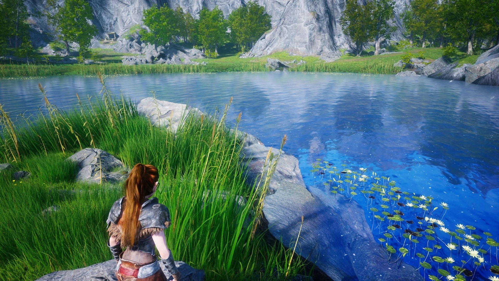 Luminary: Third-person adventurer stands by a calm lake with lilies, grass, trees, and cliffs.
