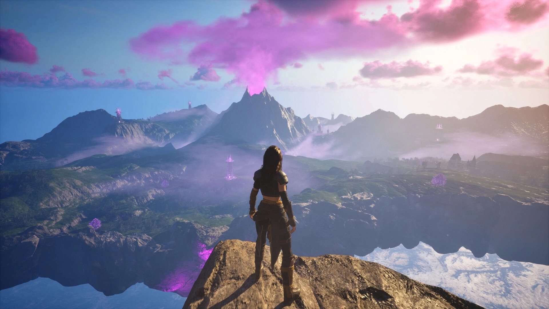 Luminary: Adventurer overlooks vast mountains and purple crystal towers under a glowing pink sky.