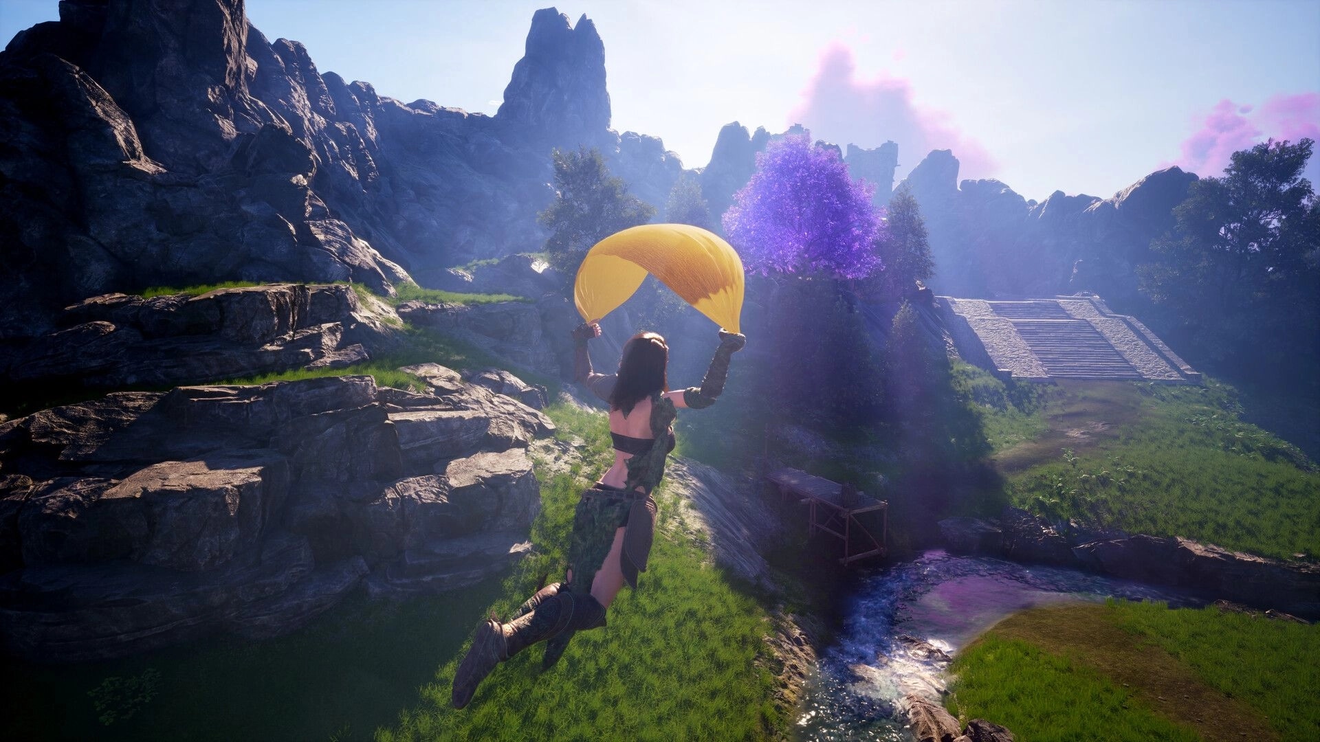 Luminary: Player character glides with a yellow parachute over rocky hills, stream, and purple tree.