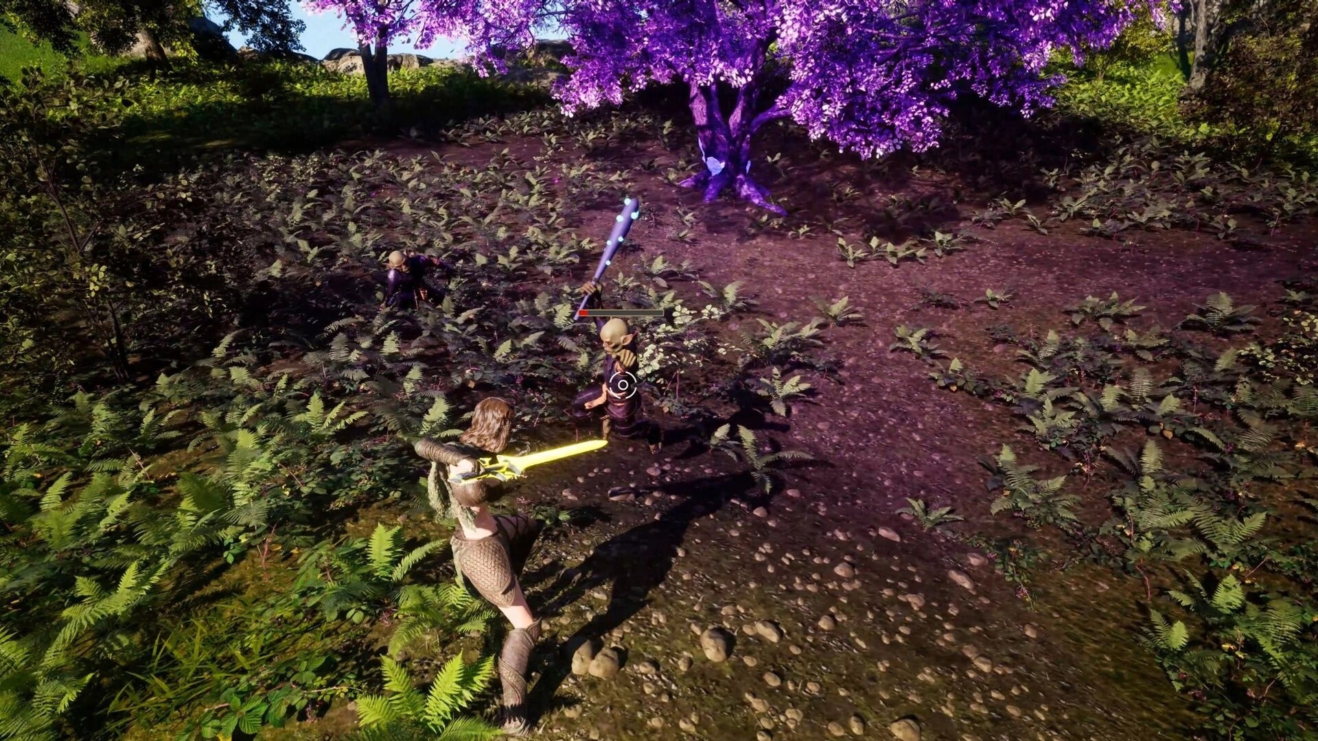 Luminary: Warrior swings glowing sword at goblin in ferny clearing beside a purple tree, HUD reticle up.