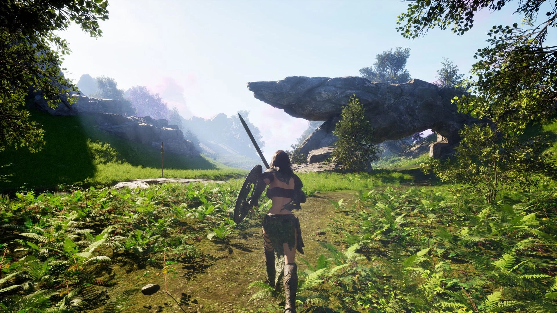 Luminary: Third-person warrior with sword and shield runs along forest path toward rock arch.