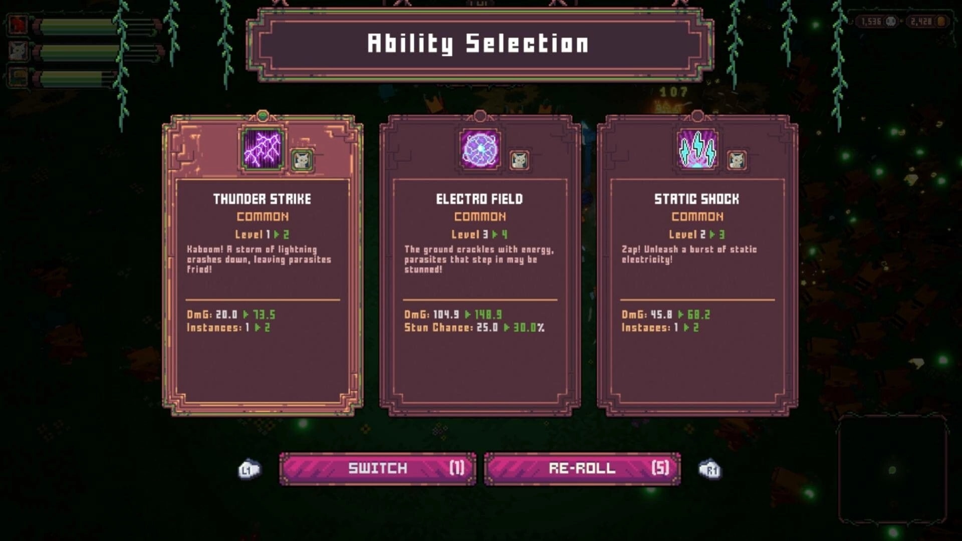 Luminas: Ability selection screen displaying Thunder Strike, Electro Field, and Static Shock options