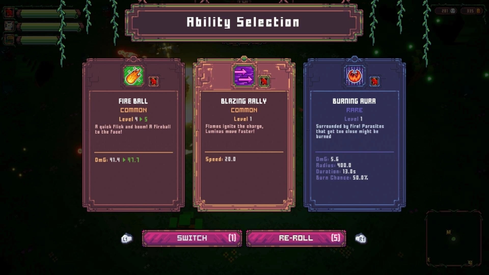 Luminas: Ability selection screen with options for Fire Ball, Blazing Rally, and Burning Aura displayed