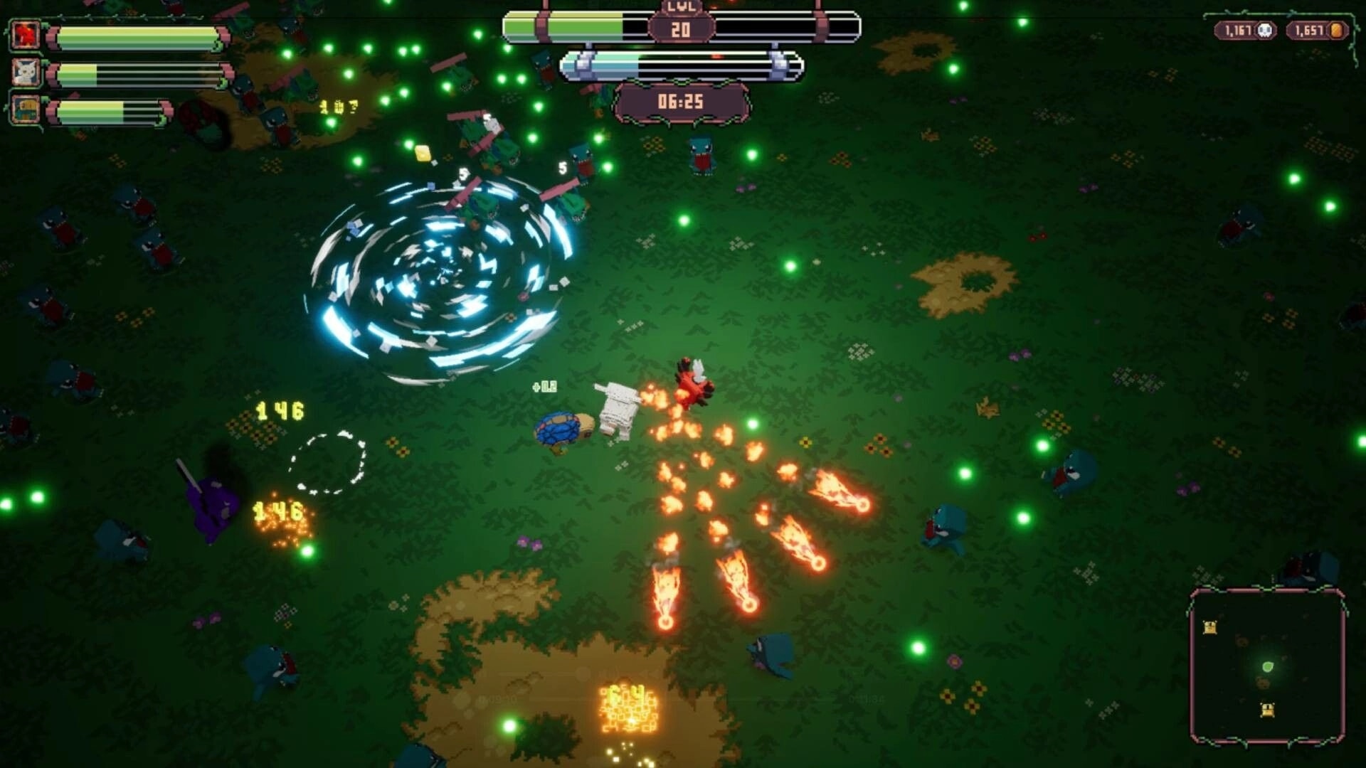 Luminas: Intense battle against enemies with fire projectiles and health bars in a lush green forest.