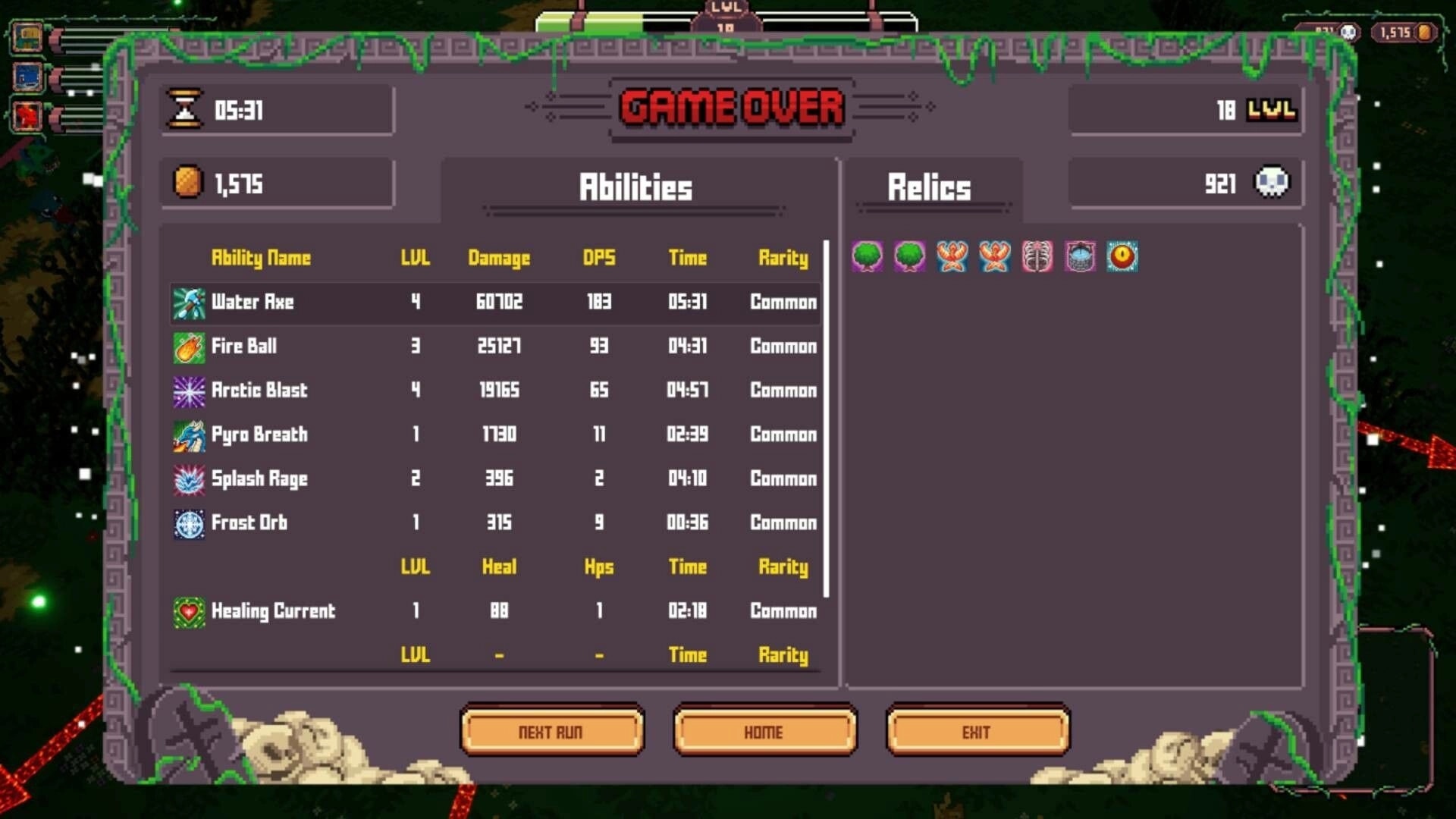 Luminas: Game over screen displaying abilities, relics, and stats after a 5:31 run in Solaris forest.
