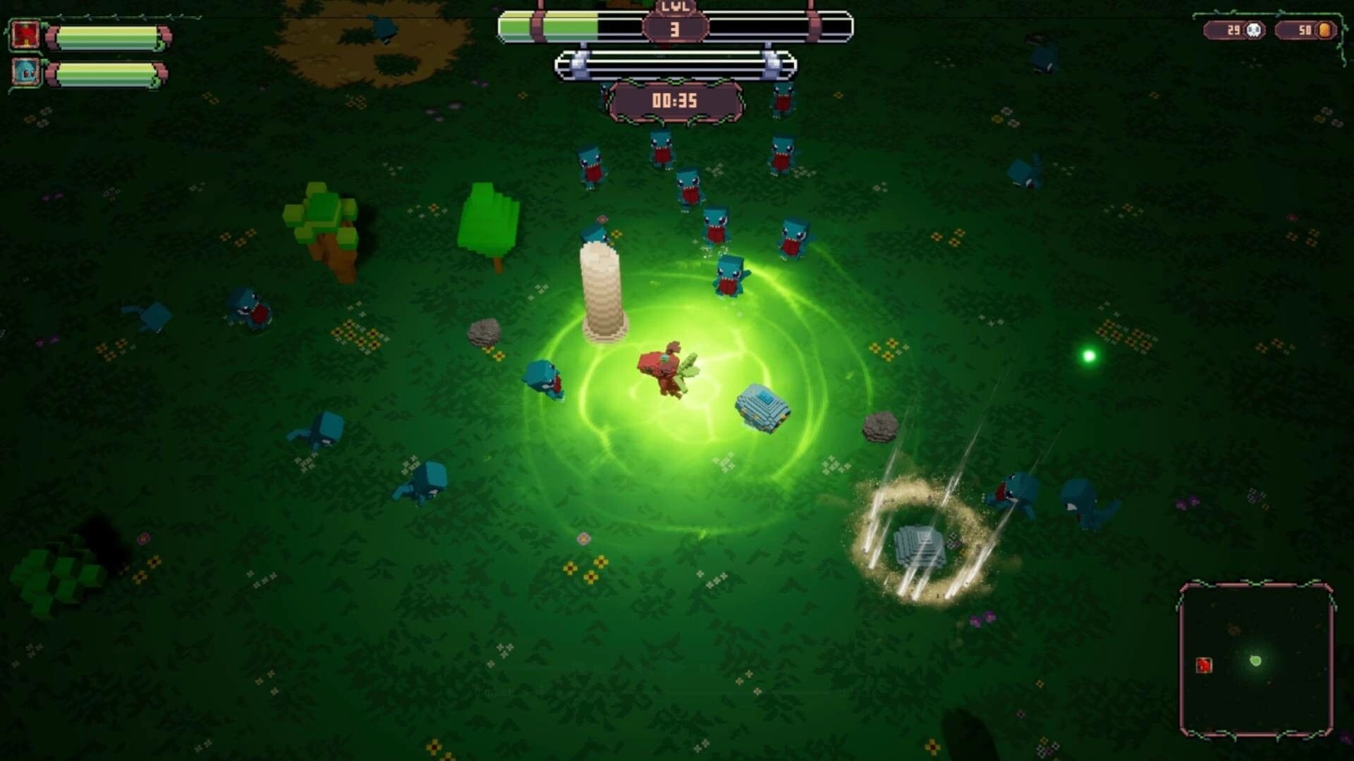 Luminas: Character surrounded by enemies in glowing green field with health and level bars displayed