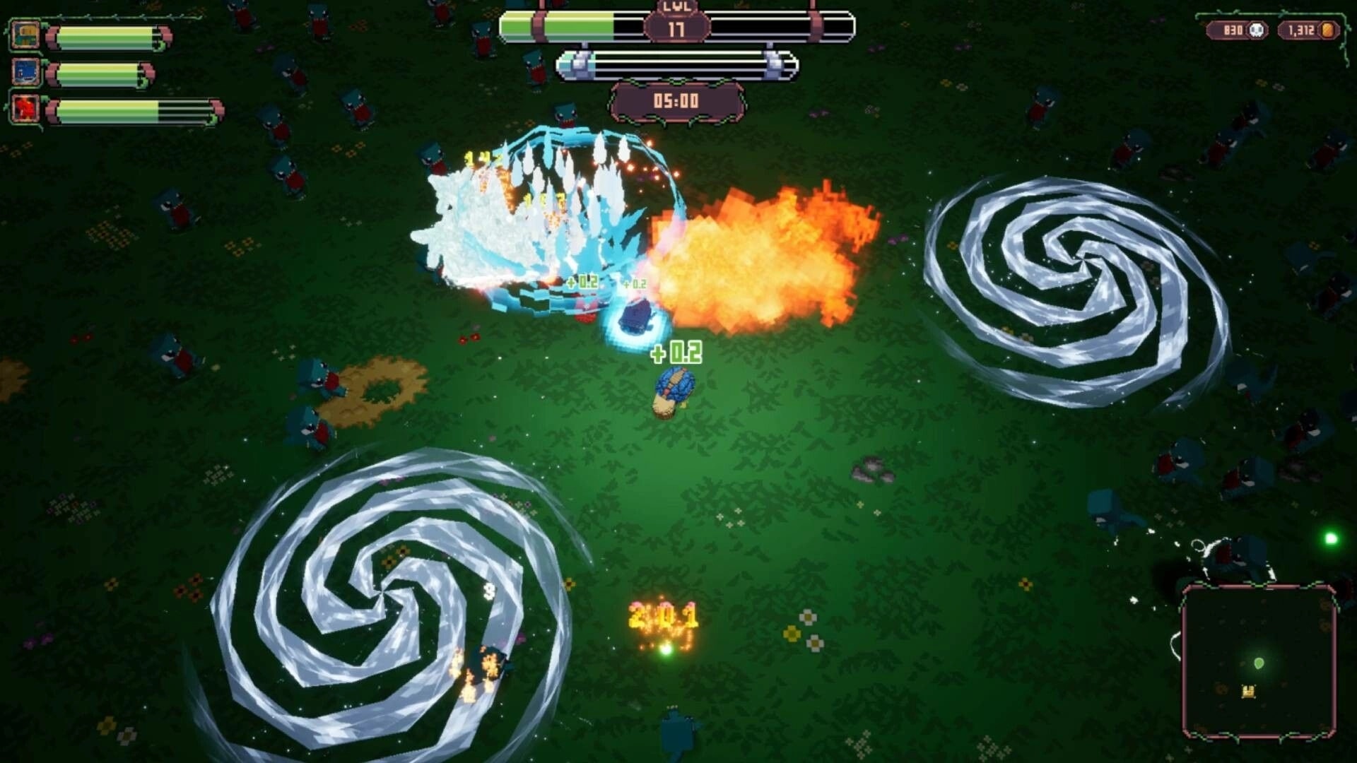 Luminas: Intense battle with fiery and icy spells amid swirling vortexes in a lush green forest