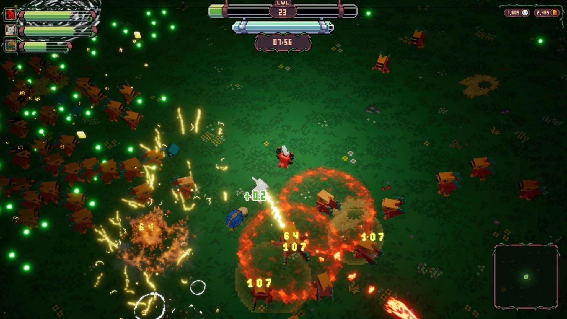 Luminas: Intense combat with enemies on a grassy battlefield, vibrant effects and damage numbers visible.