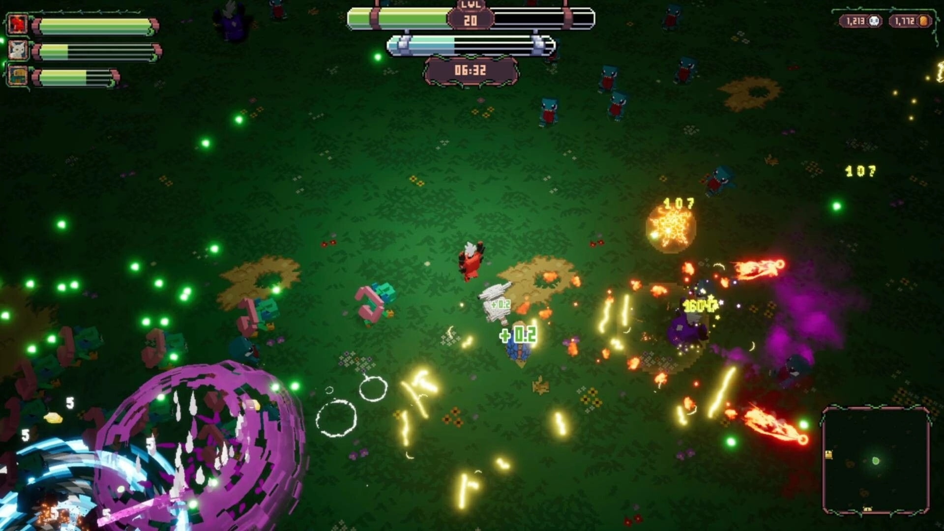 Luminas: Intense combat with glowing projectiles and enemies in a dark, mystical forest environment