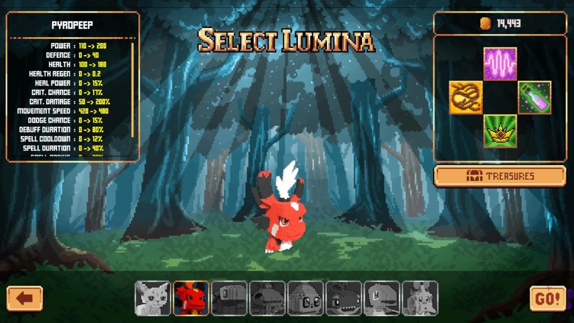 Luminas: Character selection screen with PyroPeep stats in forest setting