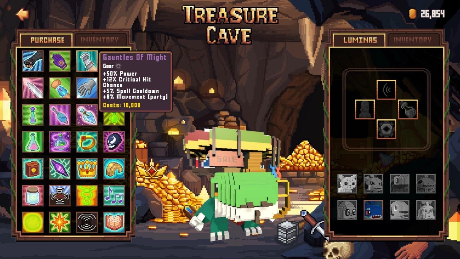 Luminas: Treasure Cave shop screen with item selection on left and Luminas party setup on right