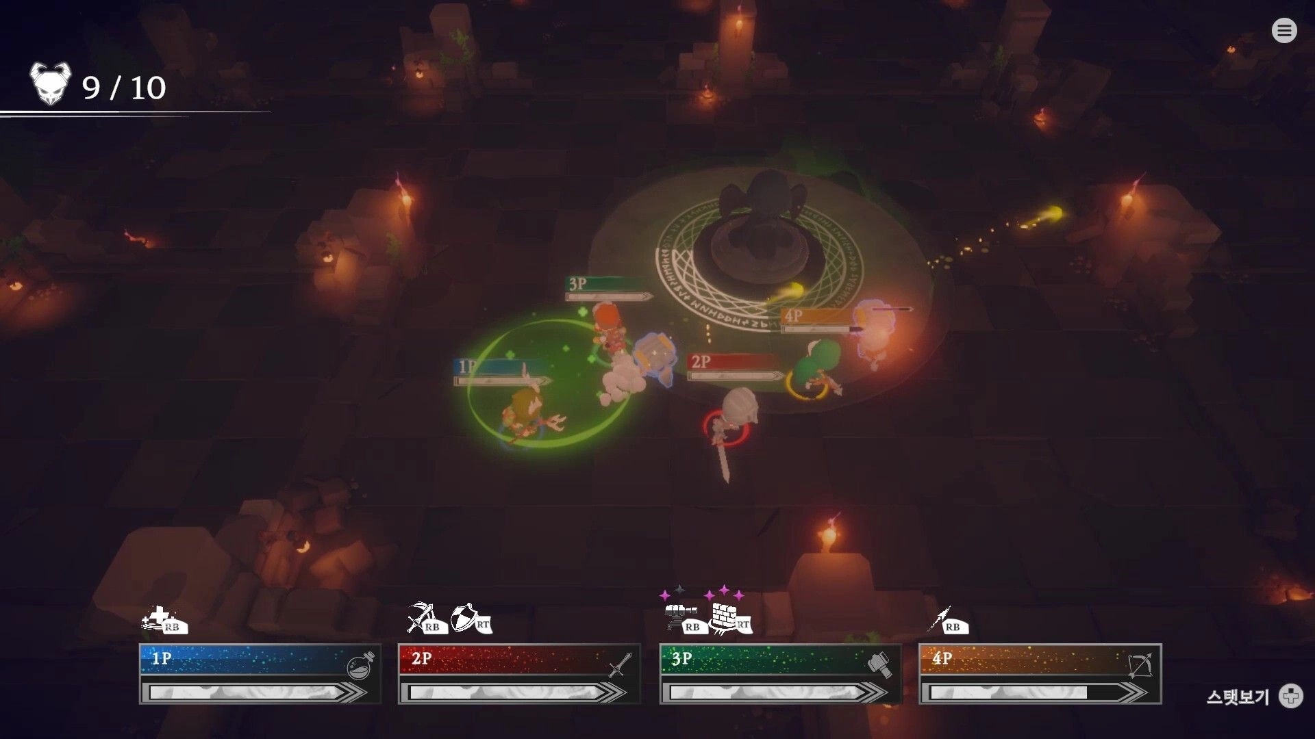 Luminleaf Chronicles: Four-player combat in a dimly lit dungeon with glowing runes and health bars