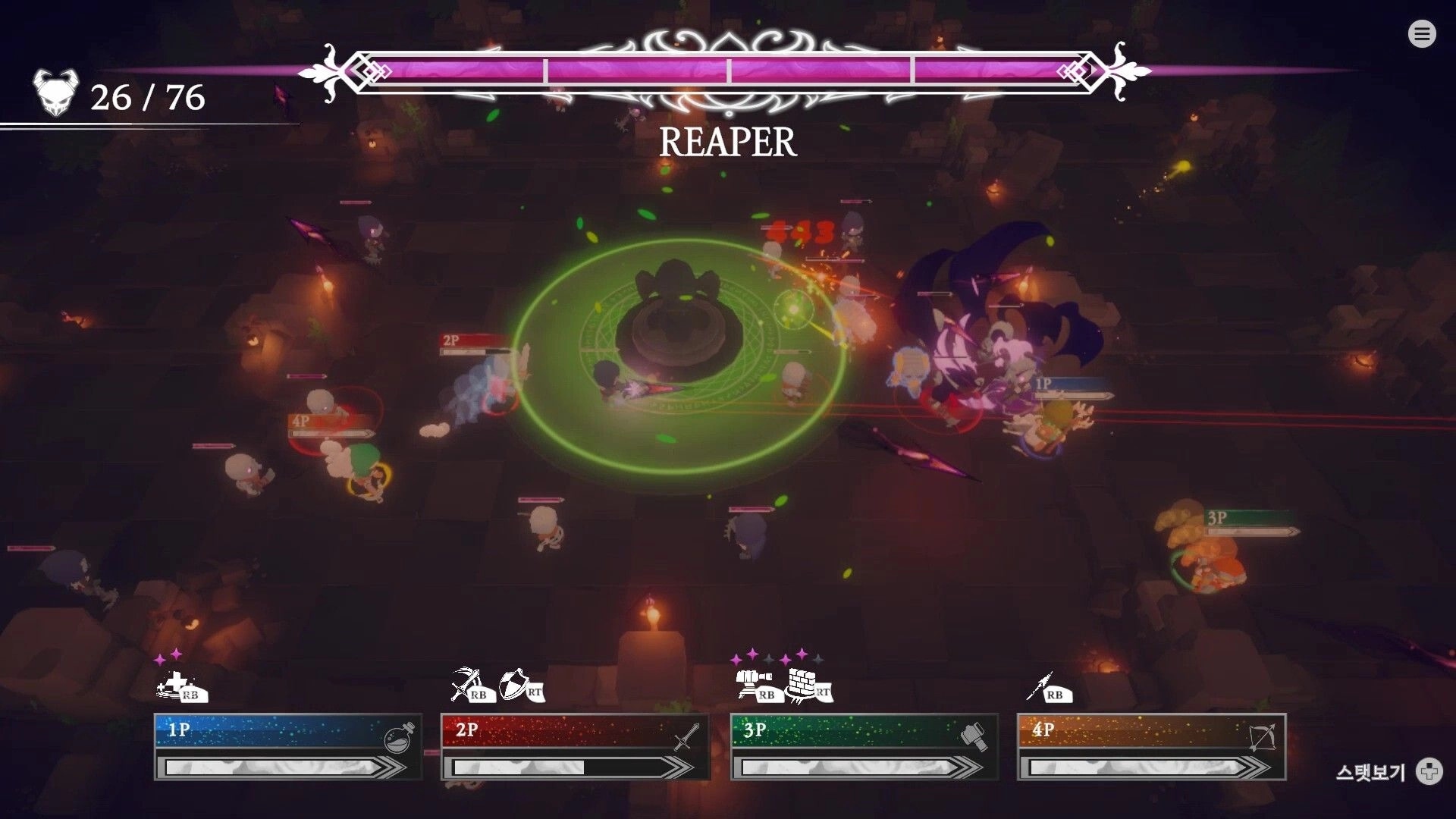 Luminleaf Chronicles: Multiplayer combat with players fighting Reaper boss in dark dungeon environment