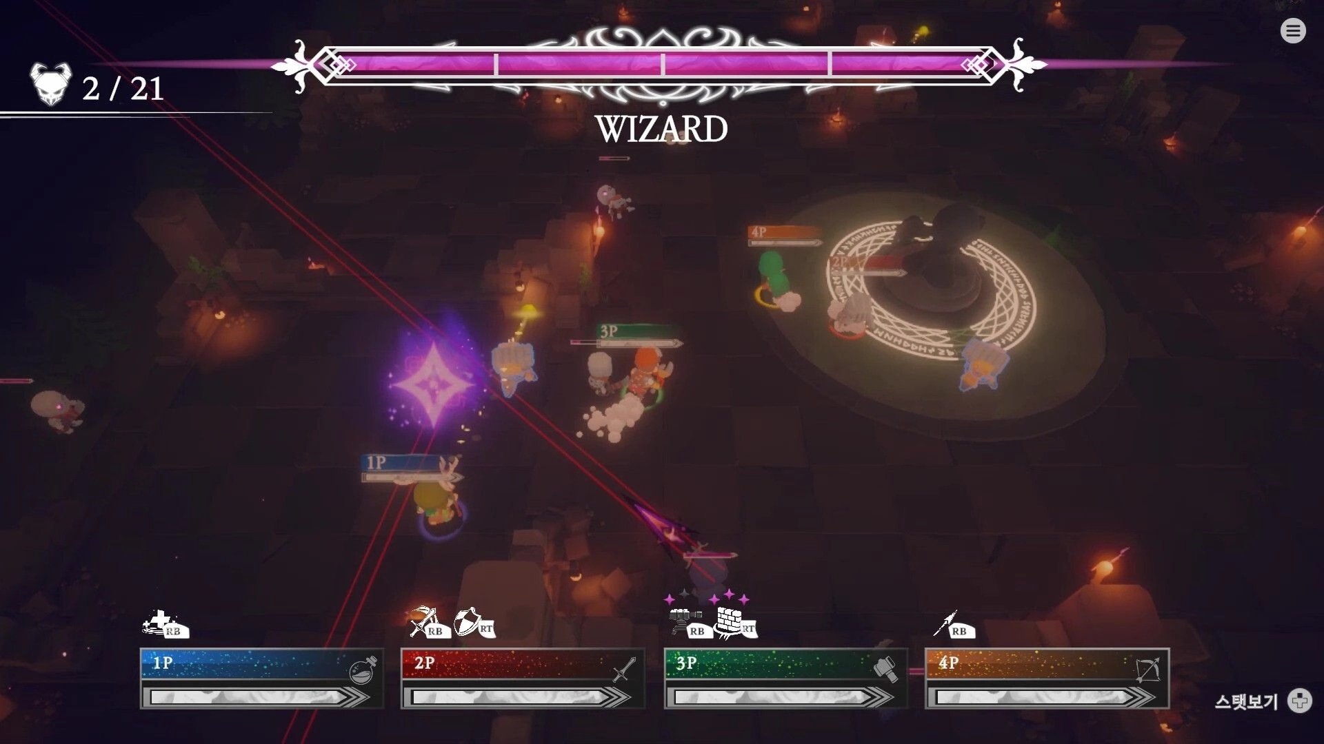 Luminleaf Chronicles: Four players battling a wizard boss in a dark dungeon with glowing runes