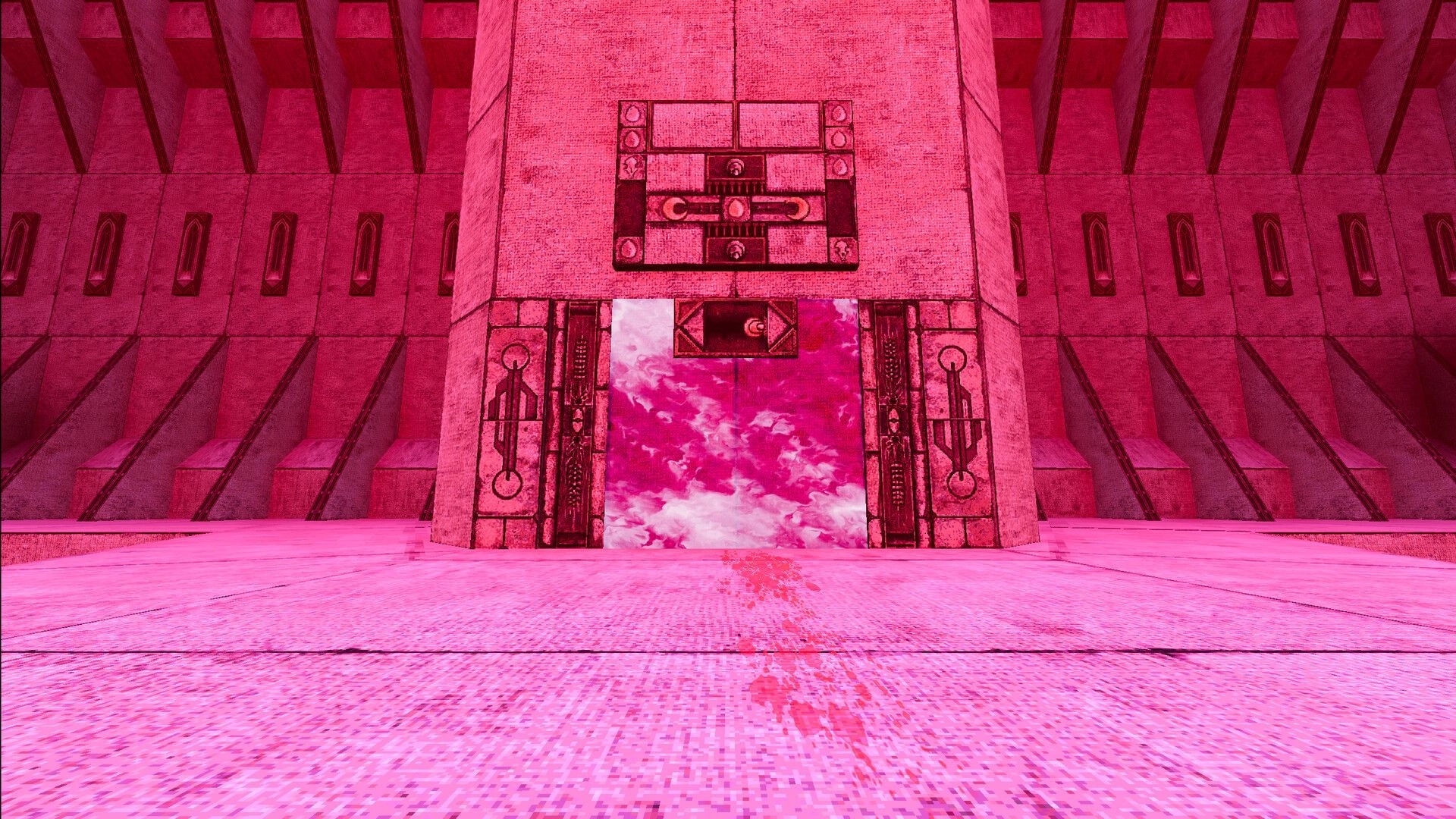 LunaGenesis: Blood trail leads to a sealed stone doorway with glowing pink mist in a vast chamber.