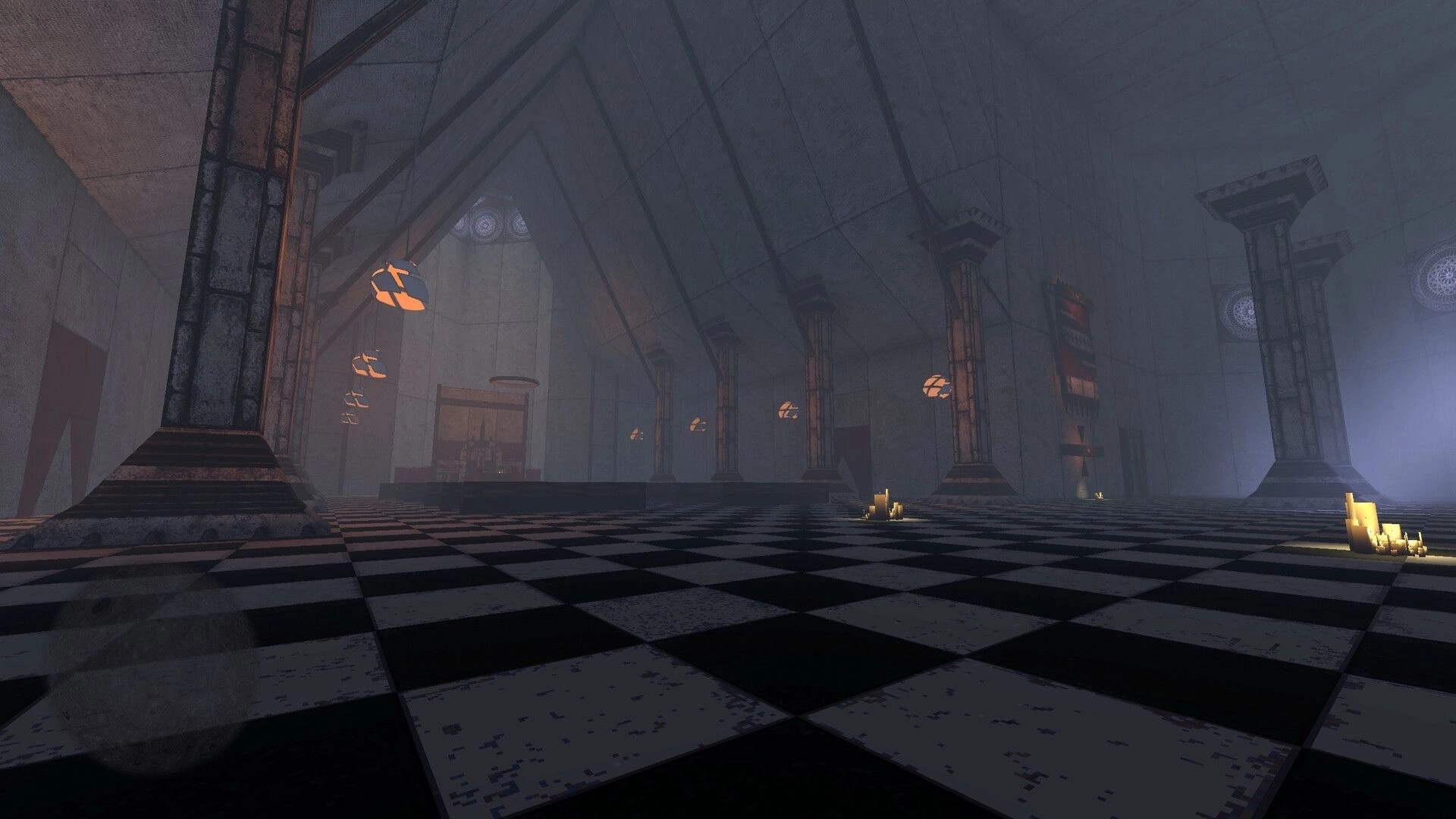 LunaGenesis: Empty cathedral hall with checkered floor, tall pillars, hanging lamps, and candles in fog.