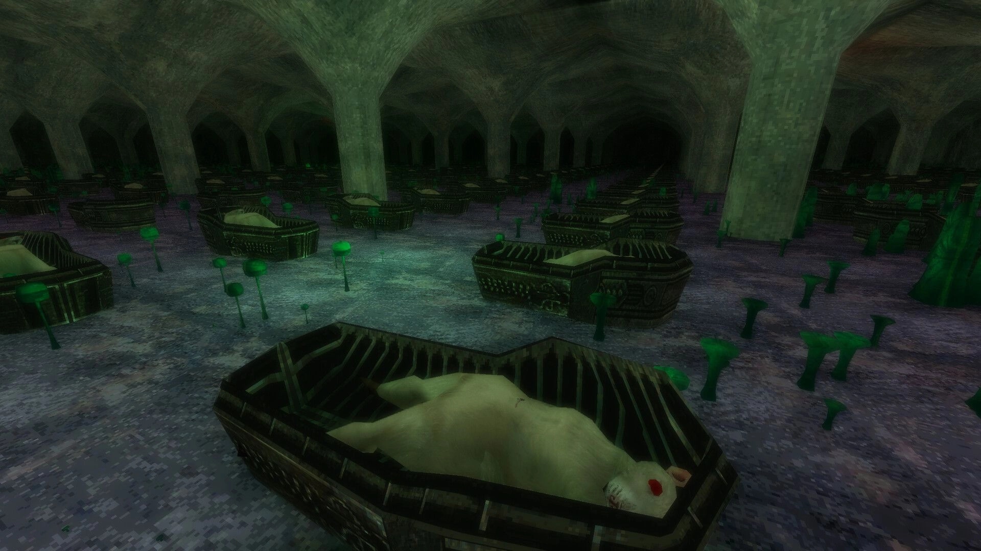 LunaGenesis: Rows of coffins in a cavernous crypt with green fungi and shadowy stone arches.