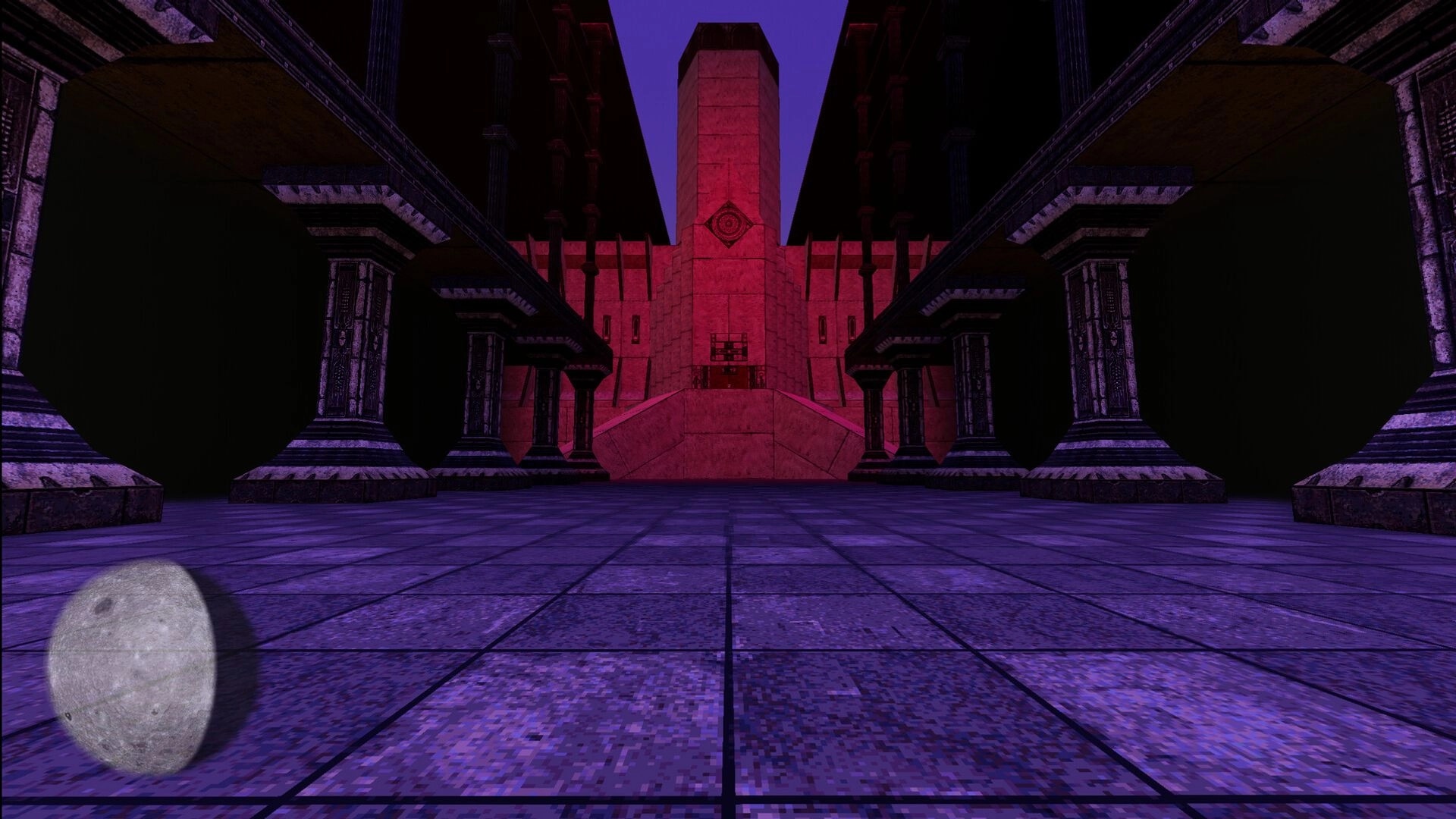 LunaGenesis: First-person view of a red stone fortress ahead, flanked by pillars in a purple plaza.