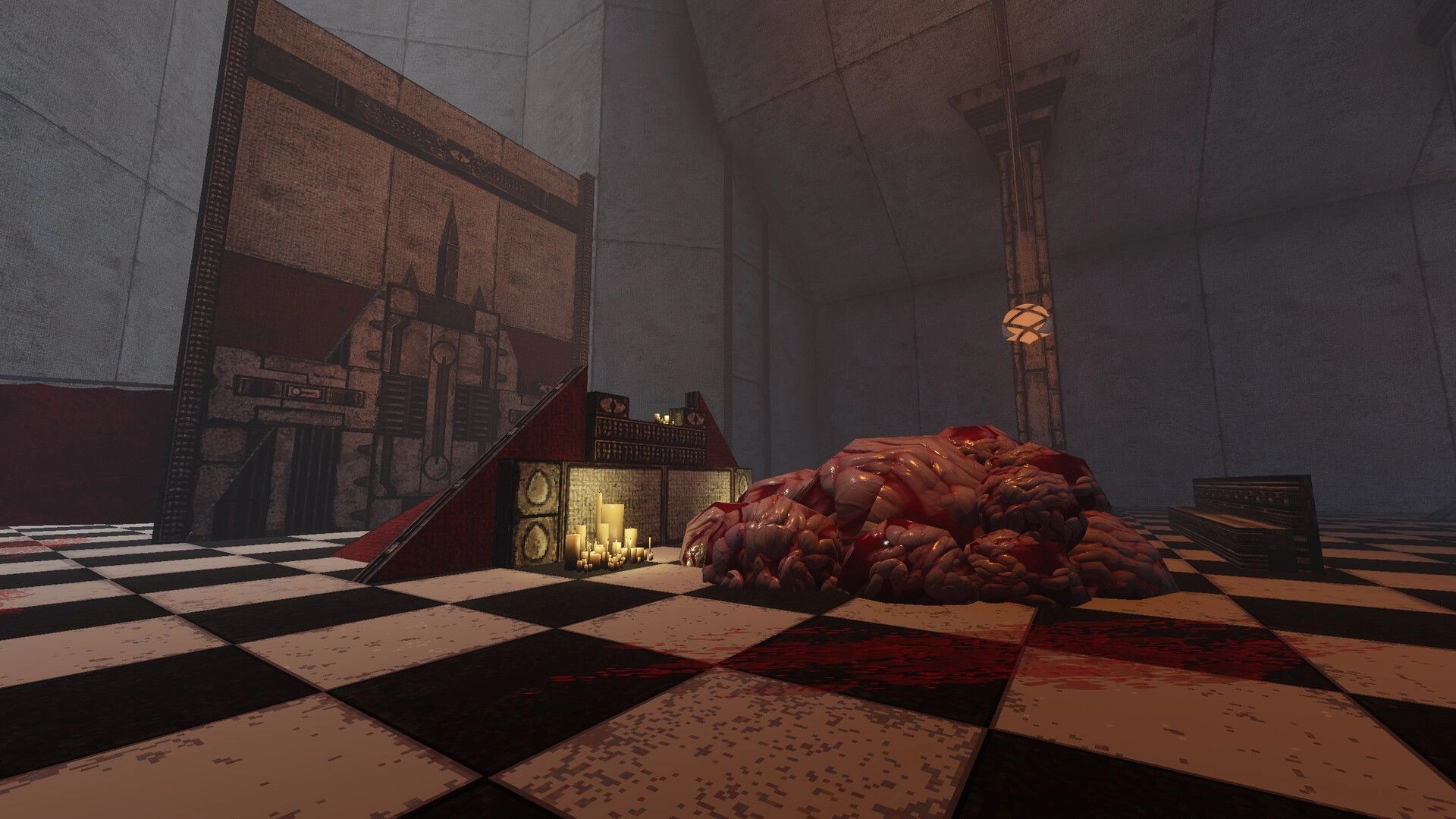 LunaGenesis: Blood-smeared flesh mound beside candles and speakers in a vast tiled chamber with mural.