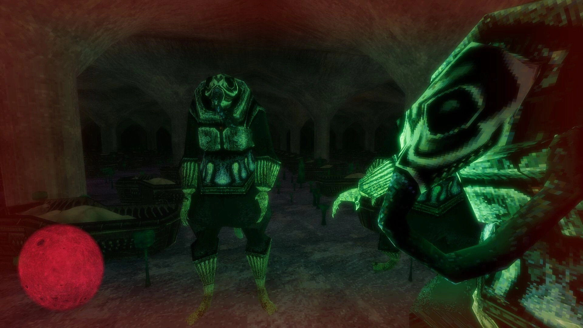 LunaGenesis: First-person view facing two green armored figures in a shadowy vaulted hall with red orb HUD.