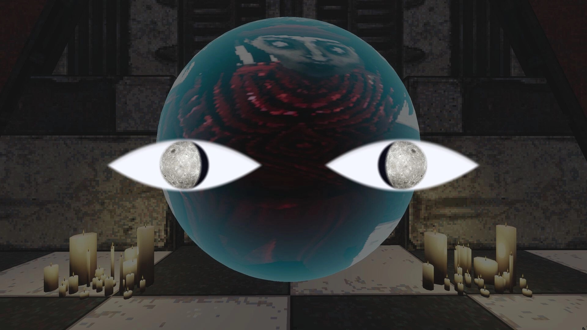 LunaGenesis: Floating blue orb with moon-eyed gaze hovering in a candlelit stone chamber.