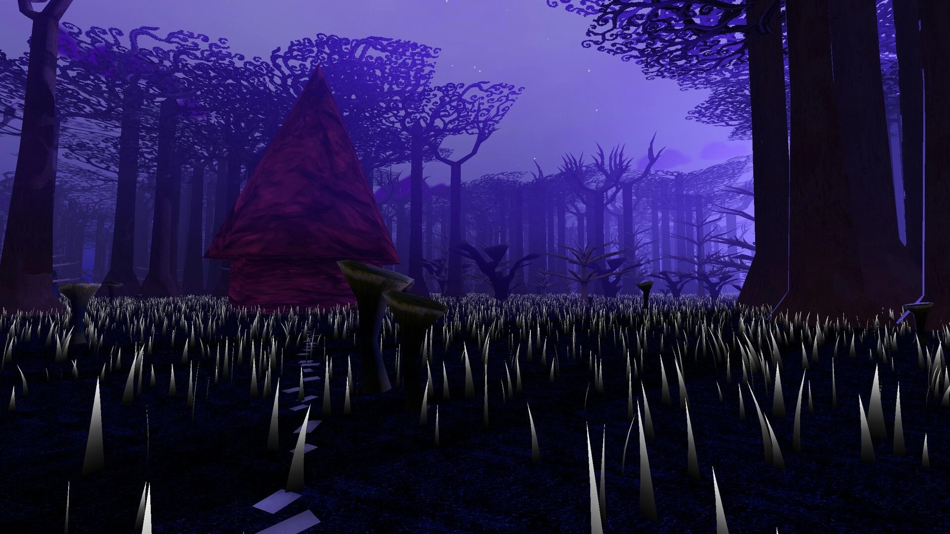 LunaGenesis: First-person view of a giant mushroom among tall trees in a purple foggy forest at night.