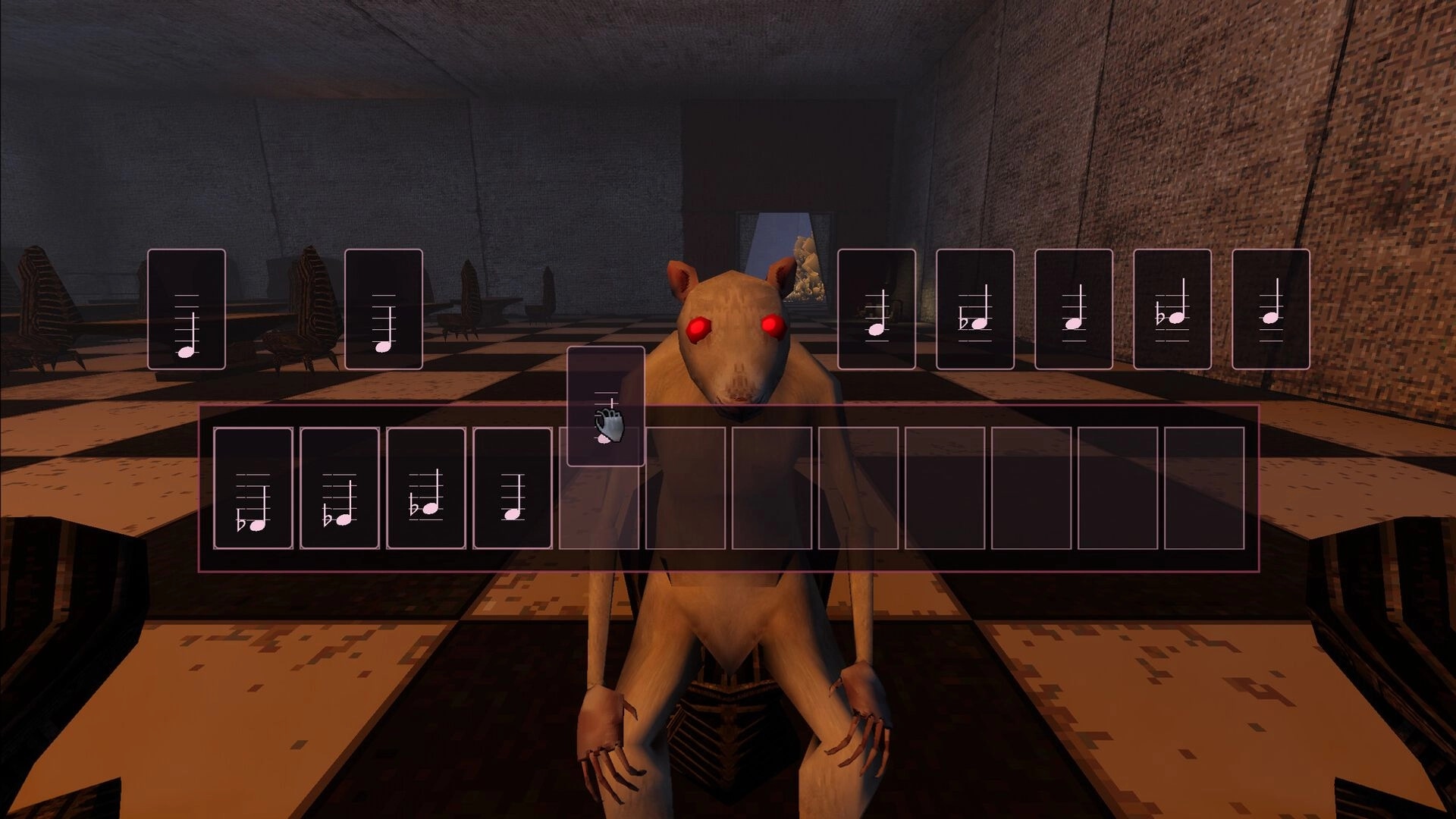 LunaGenesis: Rat-faced figure with glowing red eyes behind music-note card UI in tiled hall.