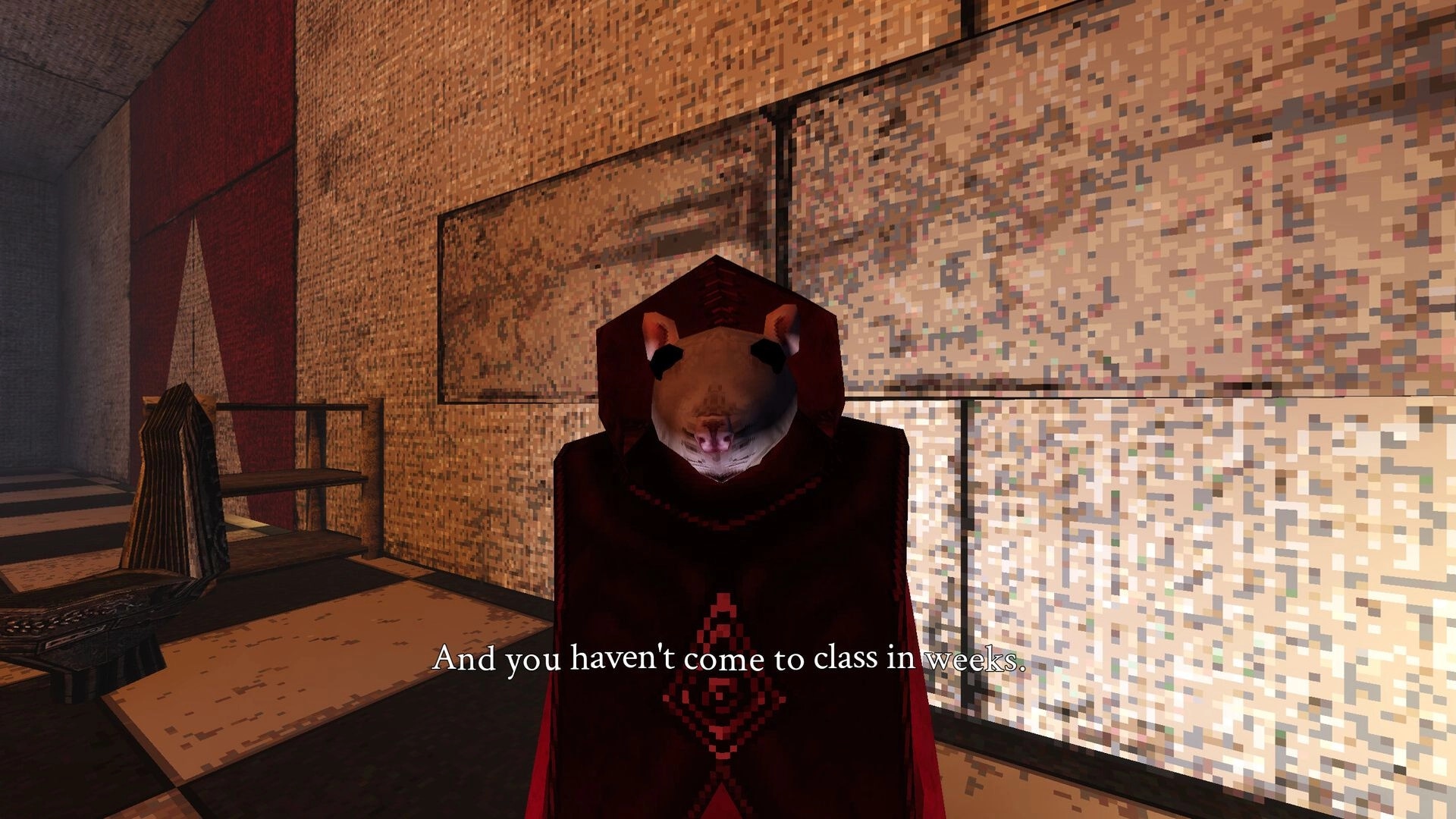 LunaGenesis: Rat-faced teacher NPC speaks via subtitles in a tiled hallway with benches and red walls.