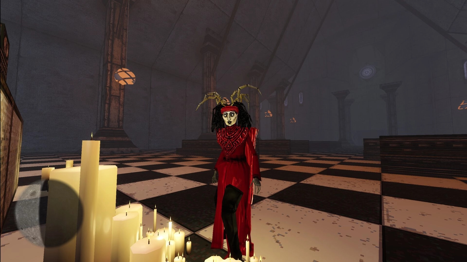 LunaGenesis: Red-robed figure with antler headpiece stands by candles in a foggy checkered hall.