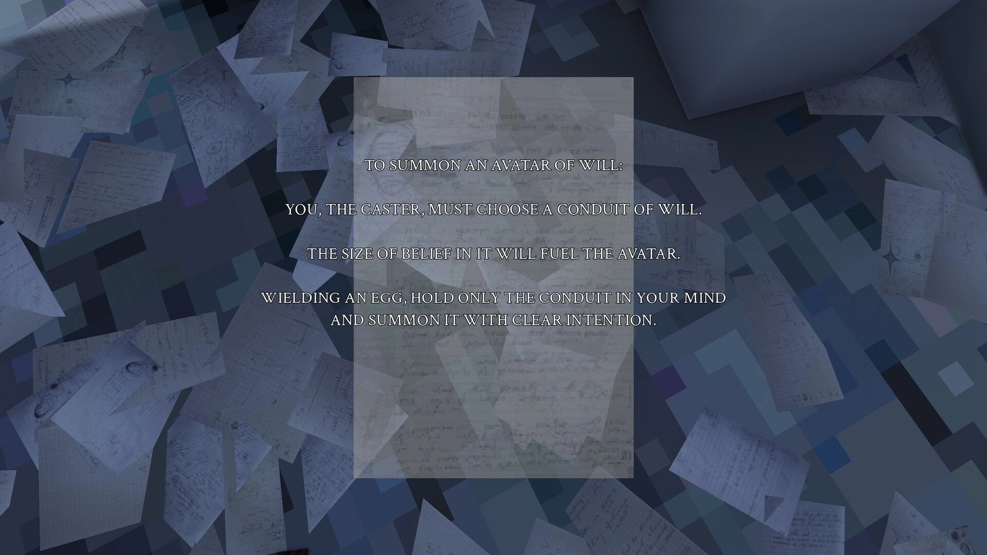 LunaGenesis: Tutorial text about summoning an avatar of Will over floating handwritten papers backdrop.
