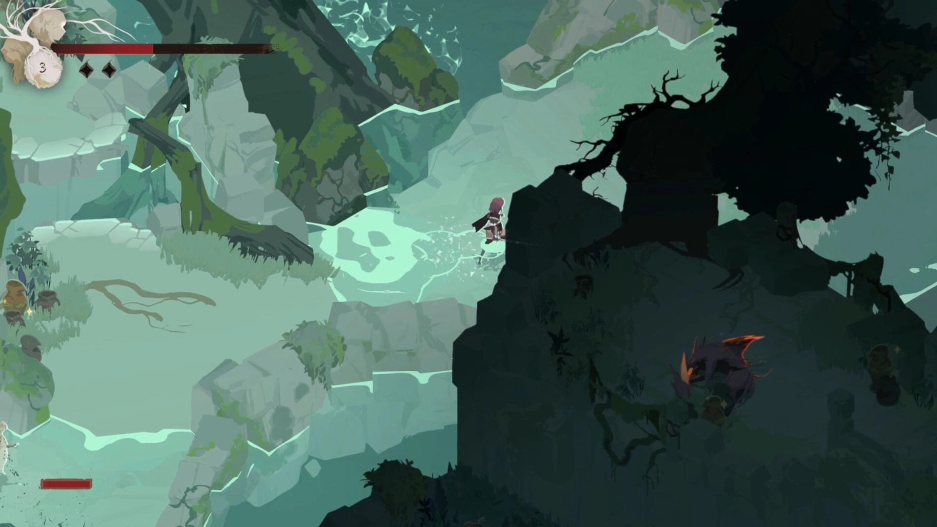 Lunarium: Ave traverses a mystical river gorge with a dark forest and rocky terrain in the background.