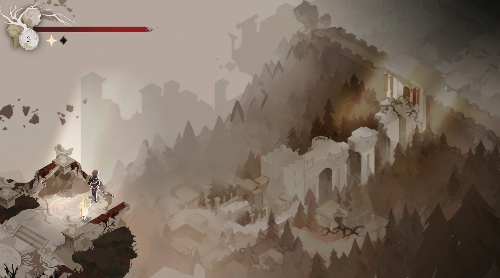 Lunarium: Ave and Lune stand on a cliff overlooking a misty, ancient fortress in the mountains.