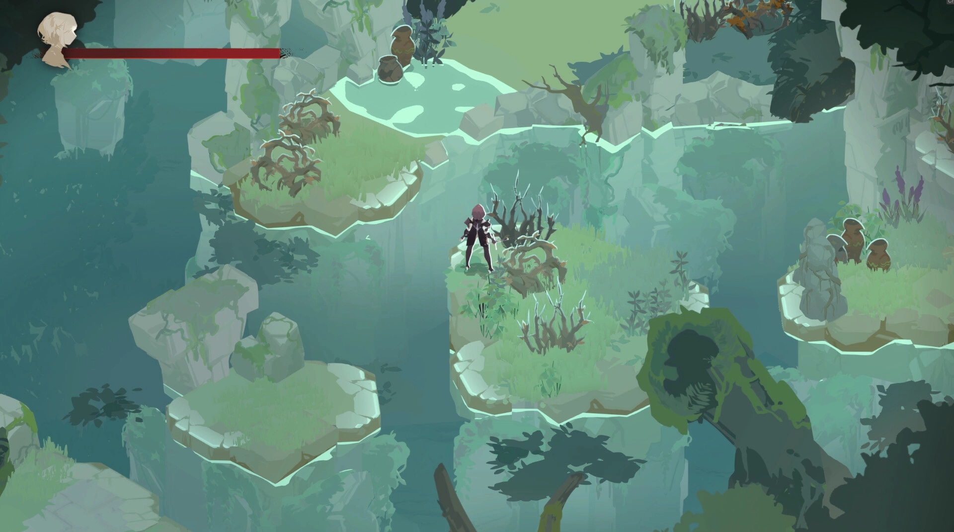 Lunarium: Ave explores floating islands with a health bar at the top left in lush, mysterious terrain.