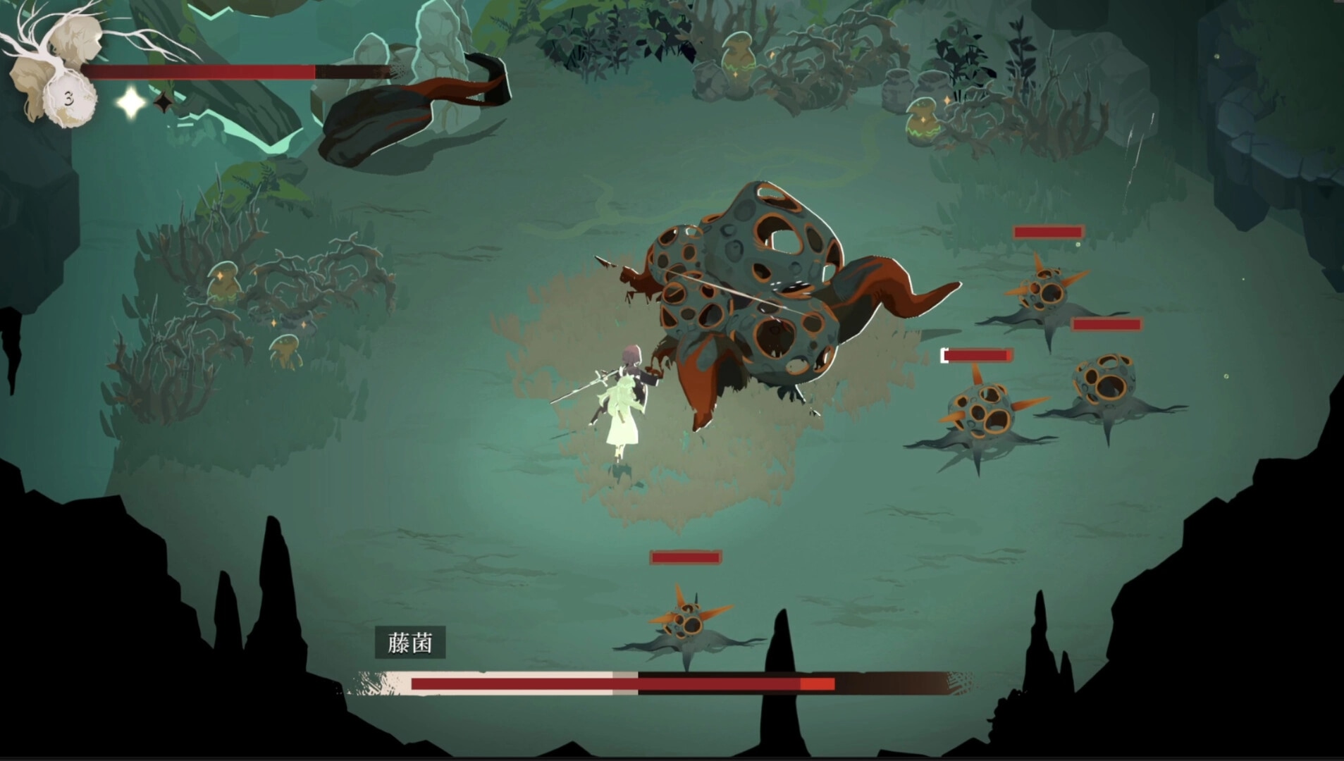 Lunarium: Ave battles large creature and minions in shadowy cavern with health bars visible