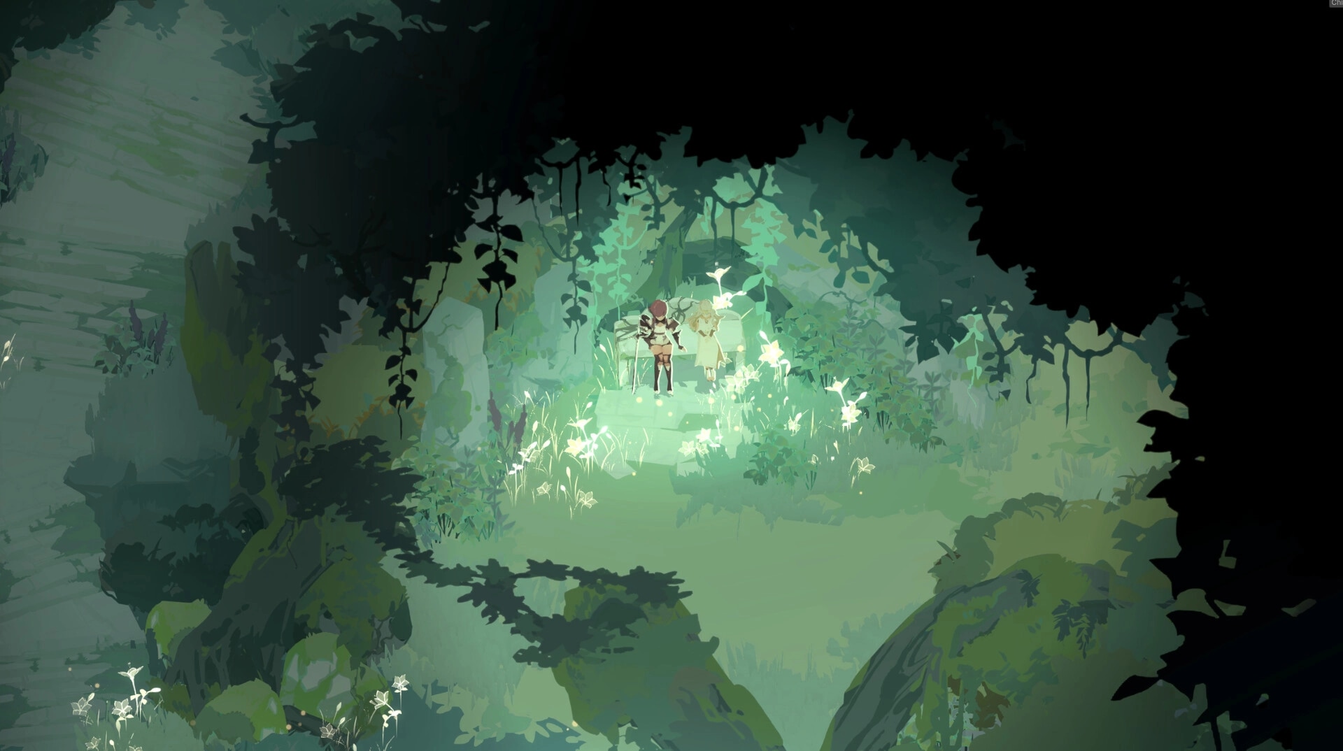 Lunarium: Ave and Lune exploring an enchanted forest clearing illuminated by glowing flora.