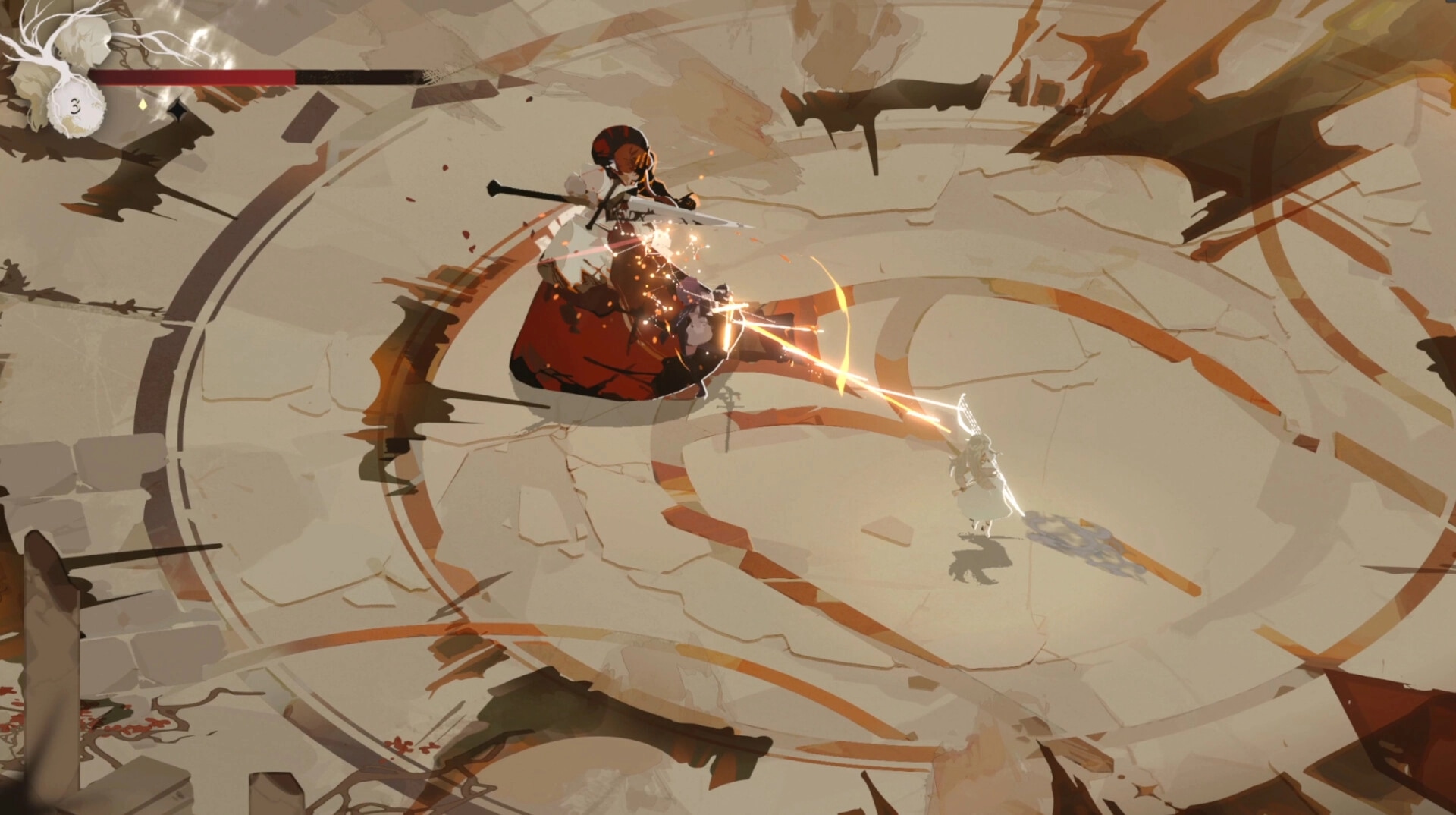 Lunarium: Ave battles a giant foe with a glowing sword in a desolate arena, health bar visible
