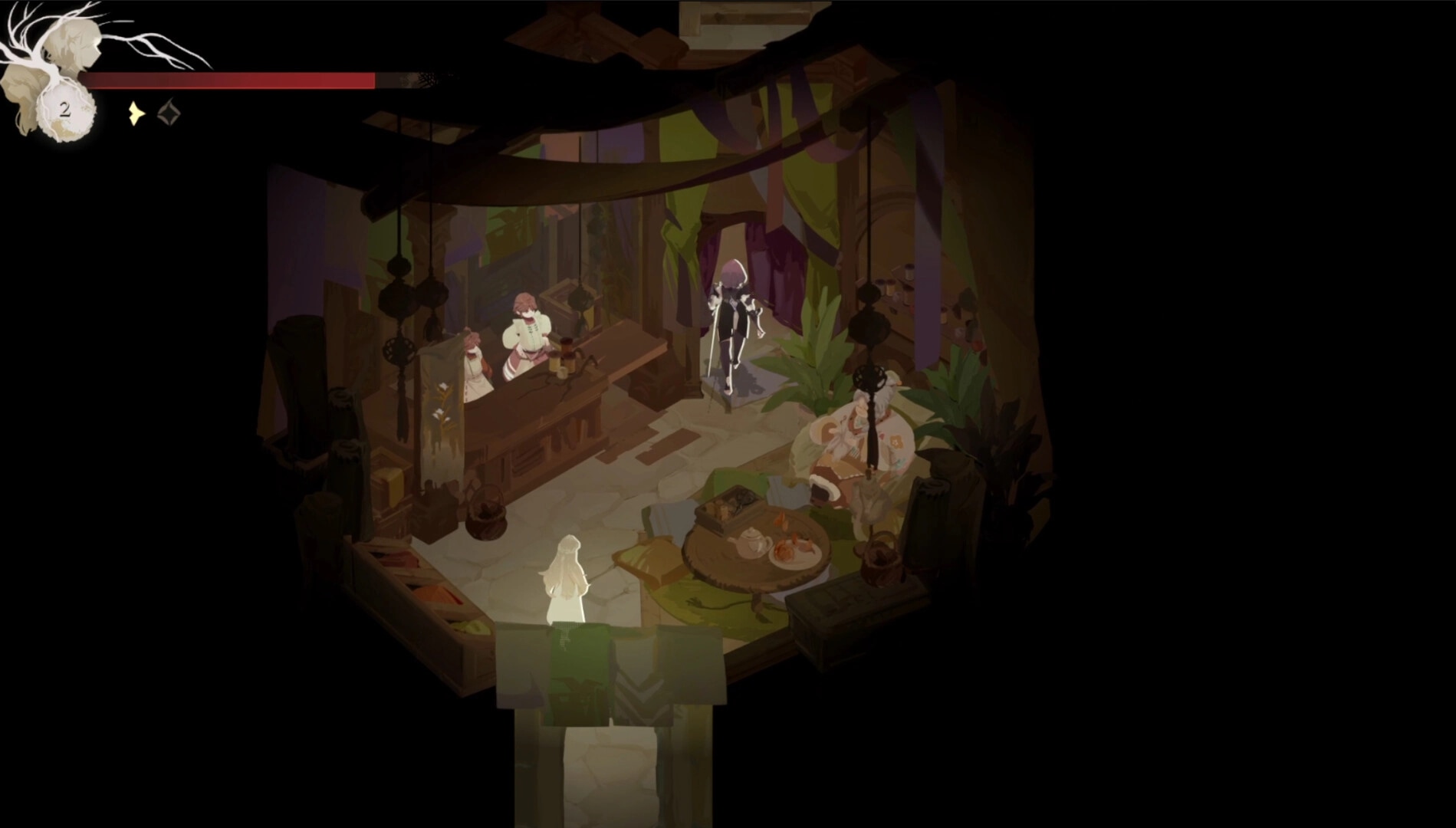 Lunarium: Ave enters a cozy tavern, engaging with NPCs in a warmly lit, rustic environment.