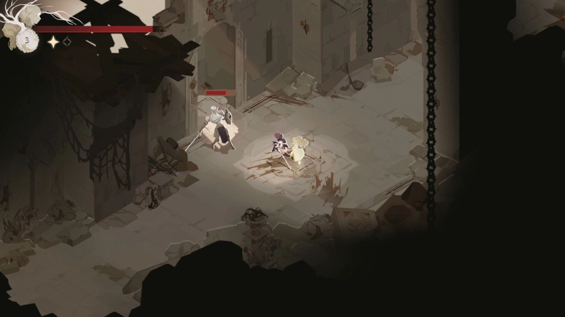 Lunarium: Ave and Lune battle a skeleton warrior in a dimly lit stone ruin with debris scattered around