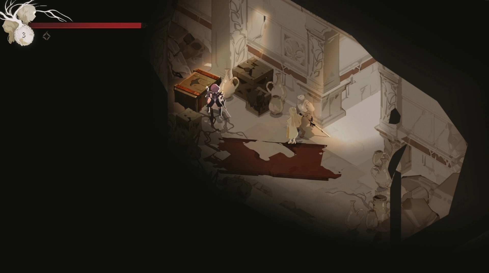 Lunarium: Ave and Lune explore a dimly lit, ornate chamber with scattered crates and ancient vases.