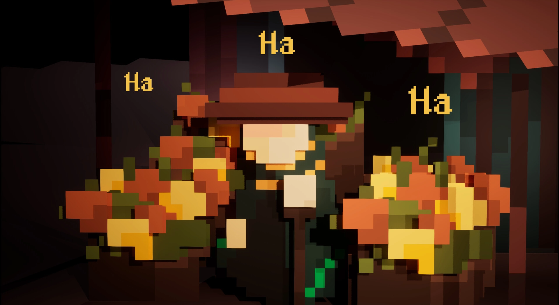Lunebug: Pixelated character under red awning surrounded by colorful flowers, with "Ha" text above.