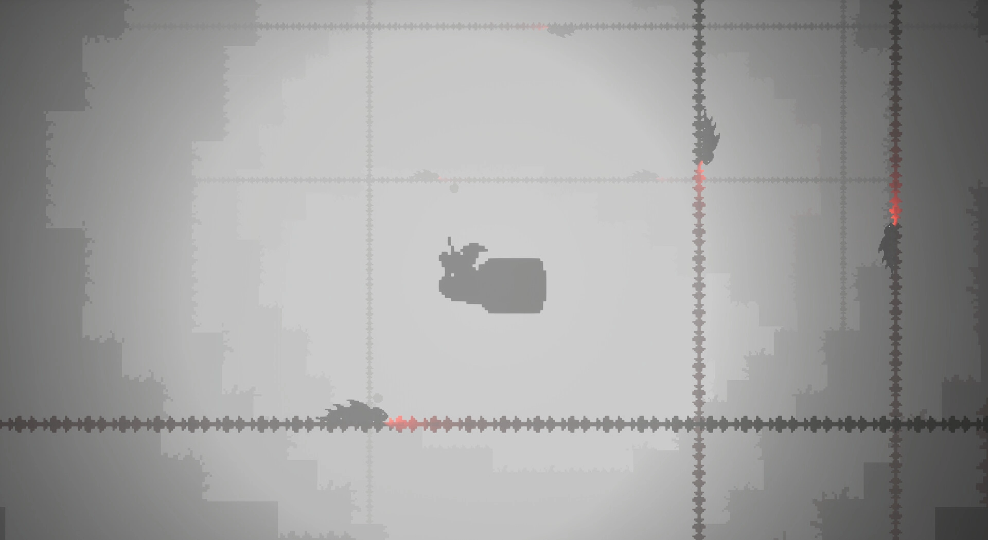 Lunebug: Silhouetted flying car navigating through a maze of spikes in a misty, grayscale environment.