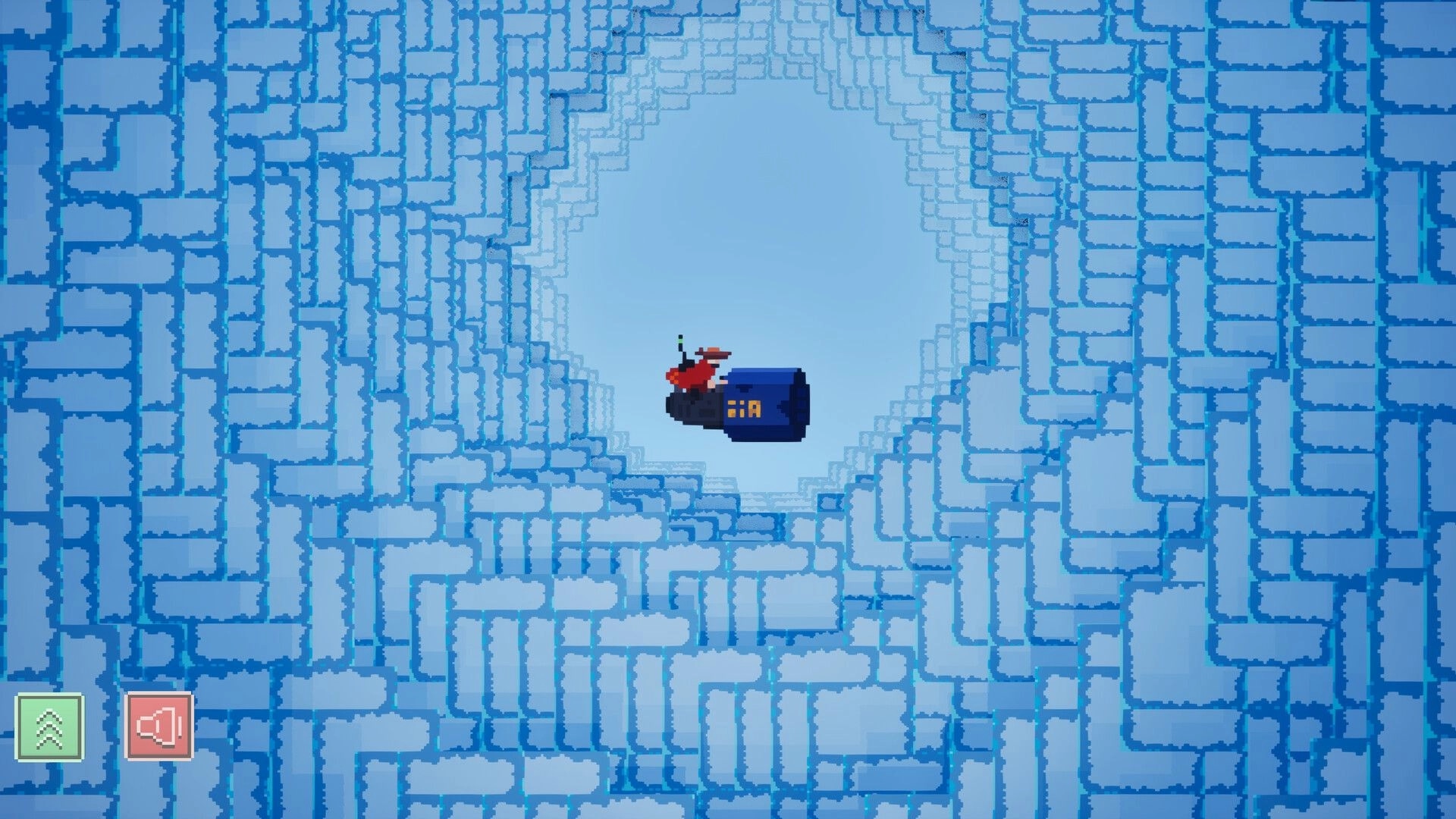 Lunebug: Player flying a red vehicle through a blue ice tunnel with minimalist UI in bottom corner