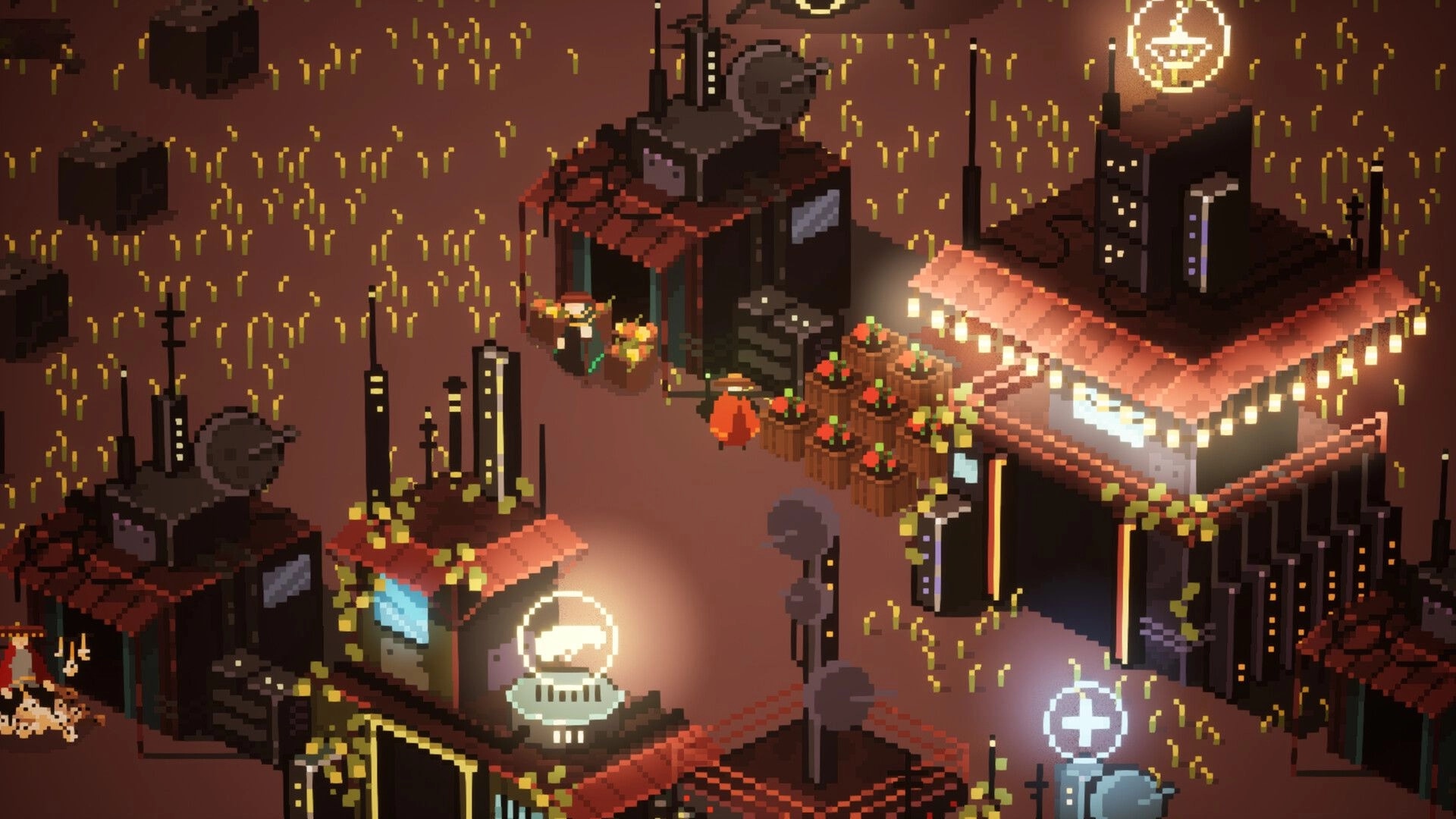 Lunebug: Character explores bustling market with glowing neon signs and stalls under a starry sky.