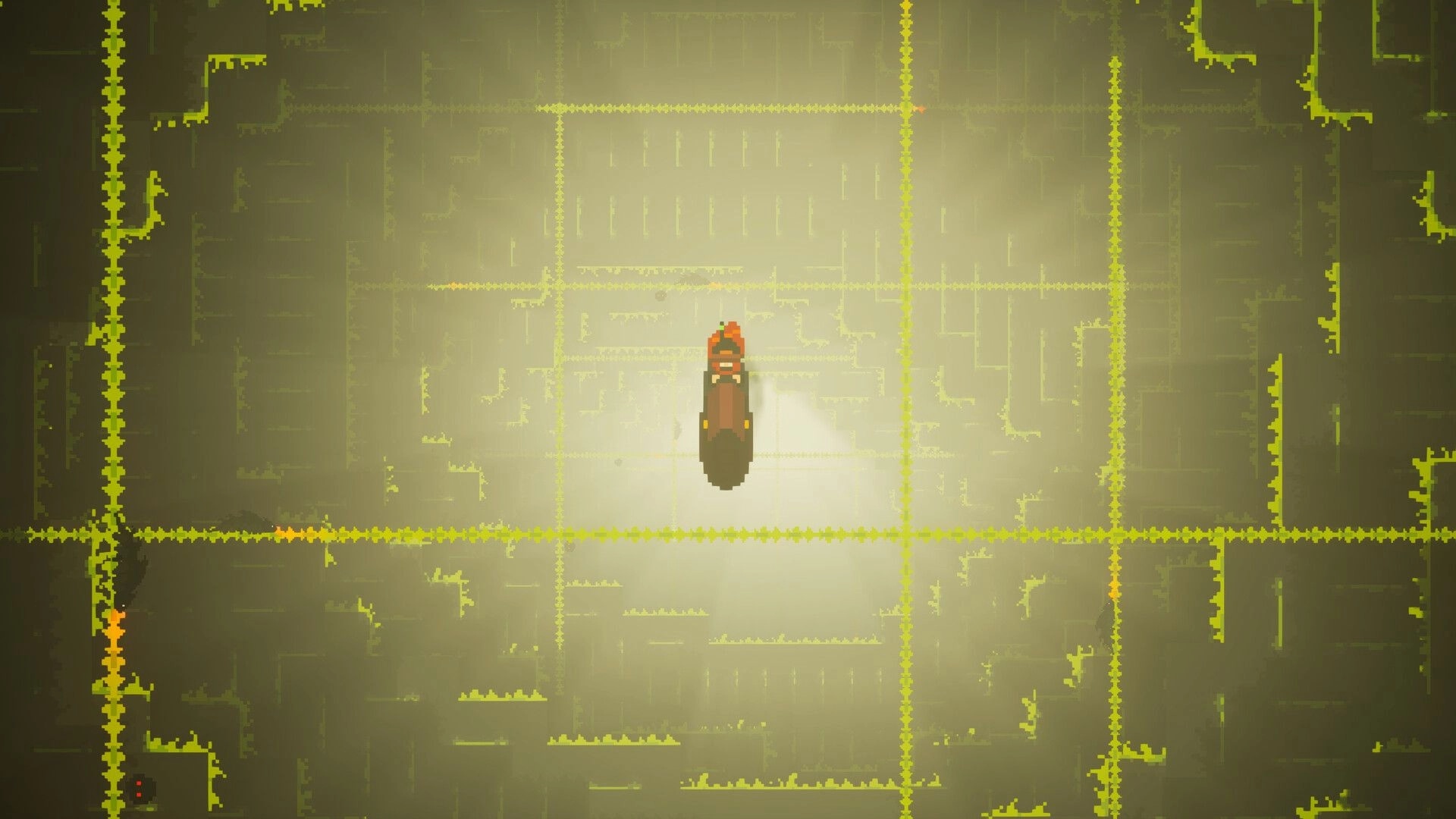 Lunebug: Top-down view of a flying car navigating through a maze-like, glowing green environment.
