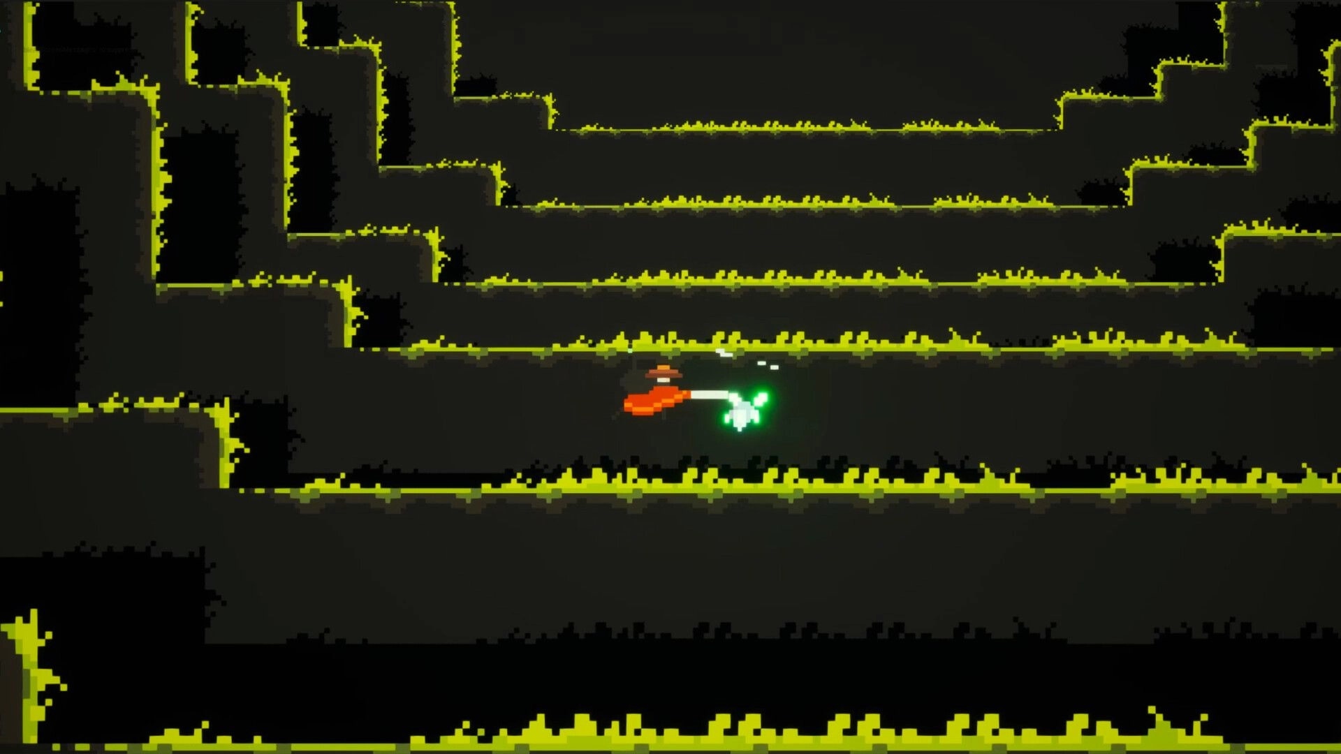 Lunebug: Character navigating a pixelated maze with glowing green elements in a dark environment